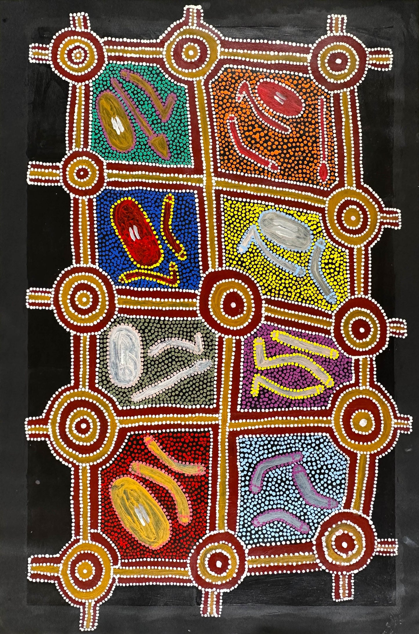 Alan Pitjara Petyarre + Utopia + Yam Dreaming + Aboriginal Art + Indigenous Art + Australian Art + Iconography + Symbolism + Hunting Tools + Darwin Based Gallery + Art for Sale + Painting for Sale + Colourful + Traditional Art + Contemporary Art + Dot Art + Dot Painting + Artwork