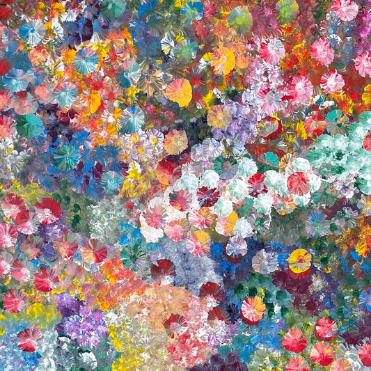Anna Price Ptijara Petyarre + Art work + painting + art for sale + painting for sale + yam flower + flowers + colourful + contemporary art + indigenous art + aboriginal art + australian art + darwin based gallery + home decor + interior designer + interior decorating + art collector + large artwork
