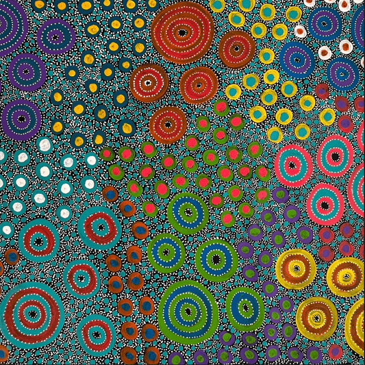 Anna Pitjara Petyarre Utopia Aboriginal Art Indigenous Art Australian Art Yam Seed Dreaming Colour dot art painting art Indigenous Artwork based in Darwin (Australia)