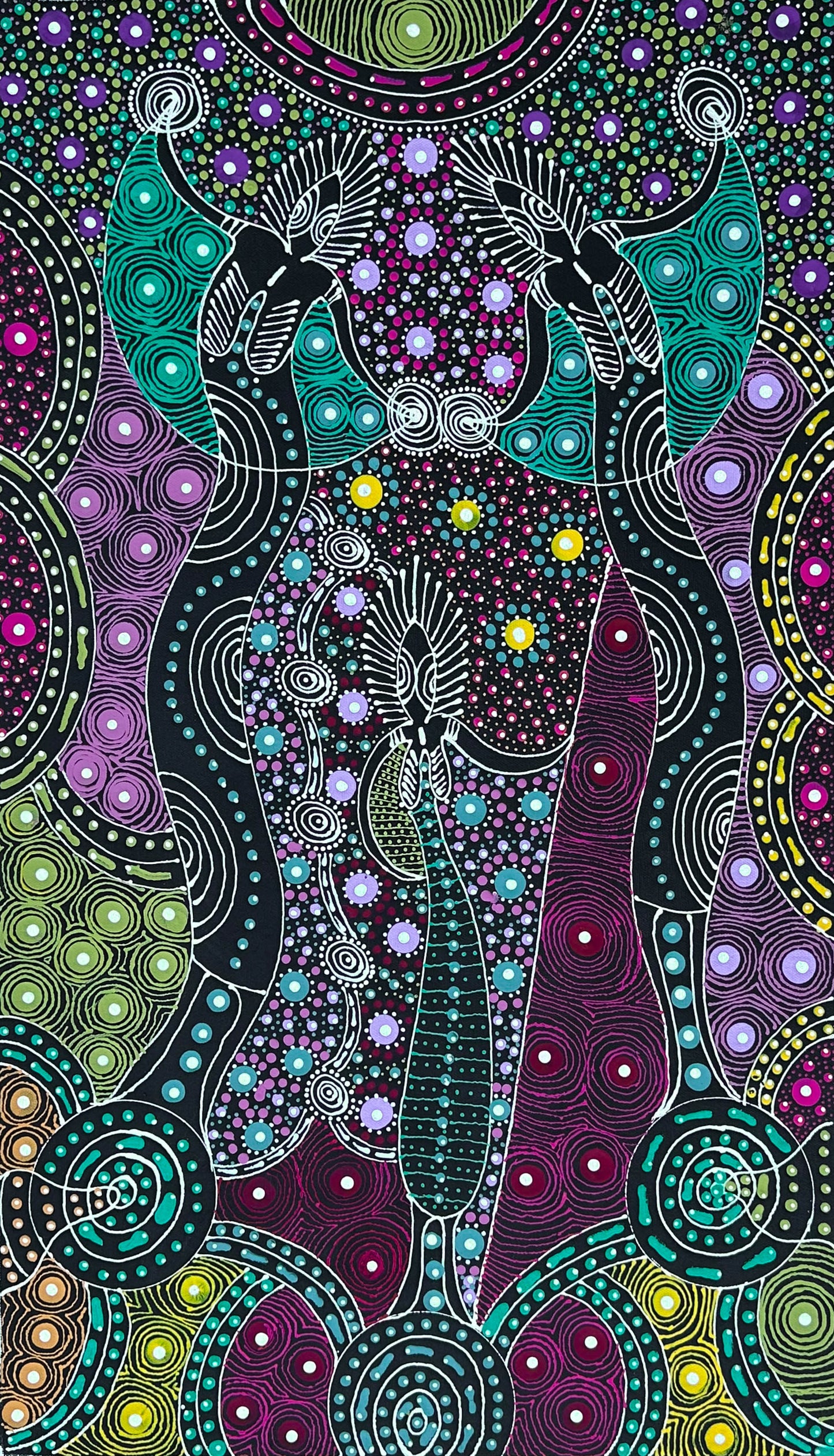 Colleen Wallace Nungarrayi Nungari + Dreamtime Sisters + Colourful + Dot Art Painting + Traditional Art + Contemporary Art + Santa Teresa + Ltyentye Apurte+ Darwin Based Gallery