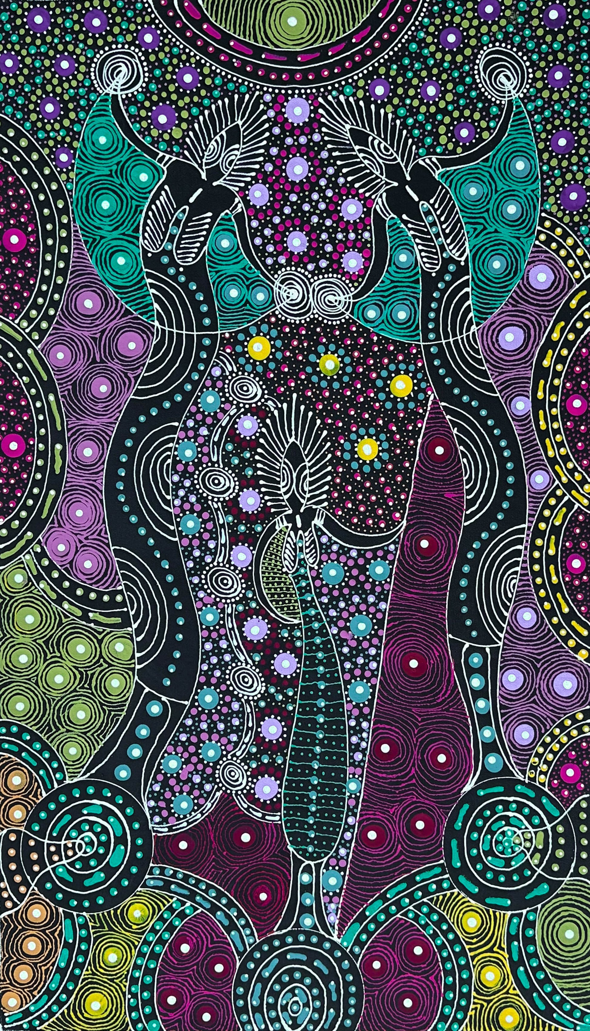 Colleen Wallace Nungarrayi Nungari + Dreamtime Sisters + Colourful + Dot Art Painting + Traditional Art + Contemporary Art + Santa Teresa + Ltyentye Apurte+ Darwin Based Gallery