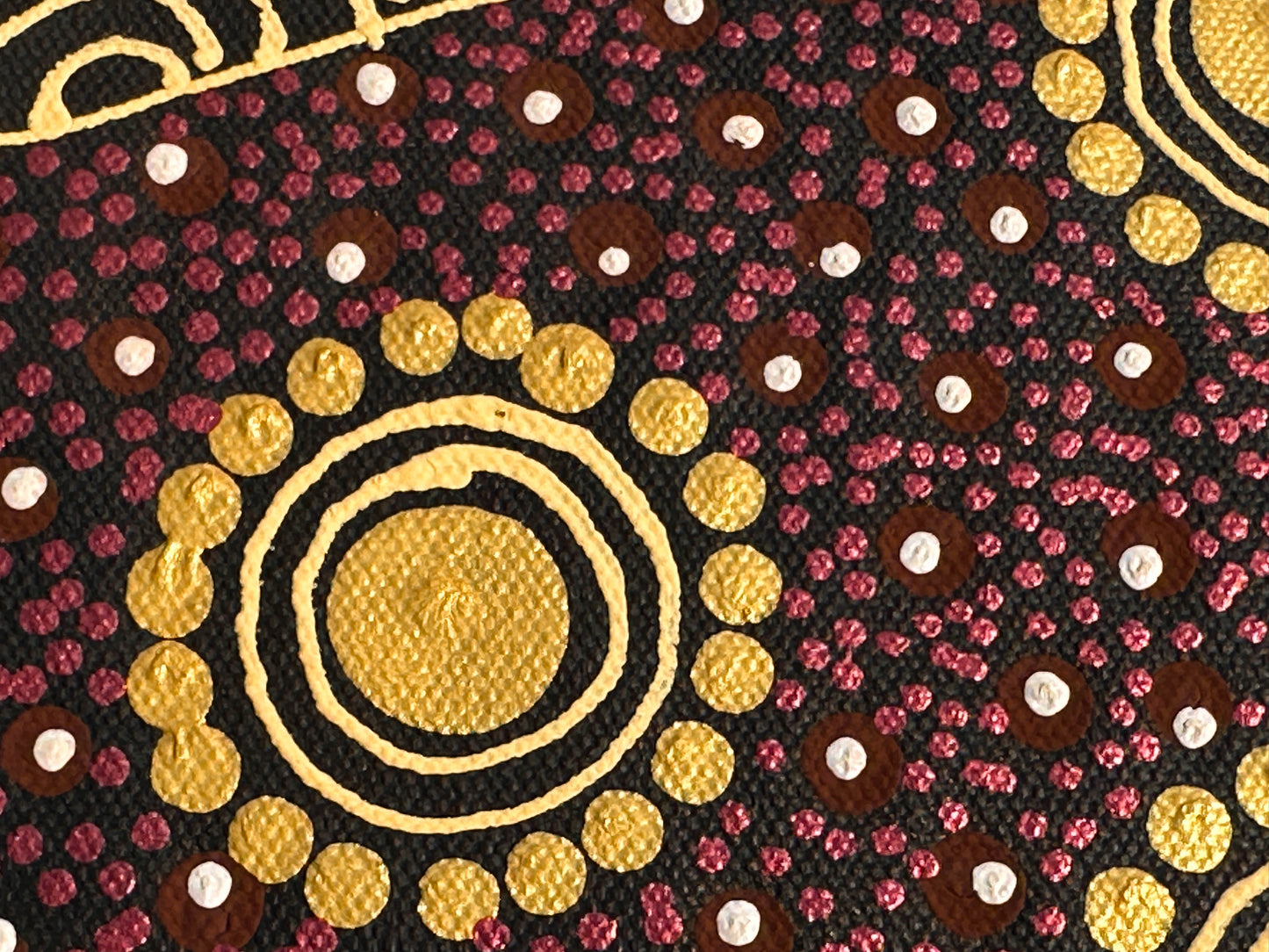 COLLEEN WALLACE NUNGARRAYI (NUNGARI) + Dreamtime Sisters + Santa Teresa + Ltyentye Apurte + Dot Art + Dot Art Painting + Art for sale + Painting for sale + indigenous artwork + aboriginal artwork + Australian art + gold + Darwin Based Gallery + Family Owned business + beautiful art +