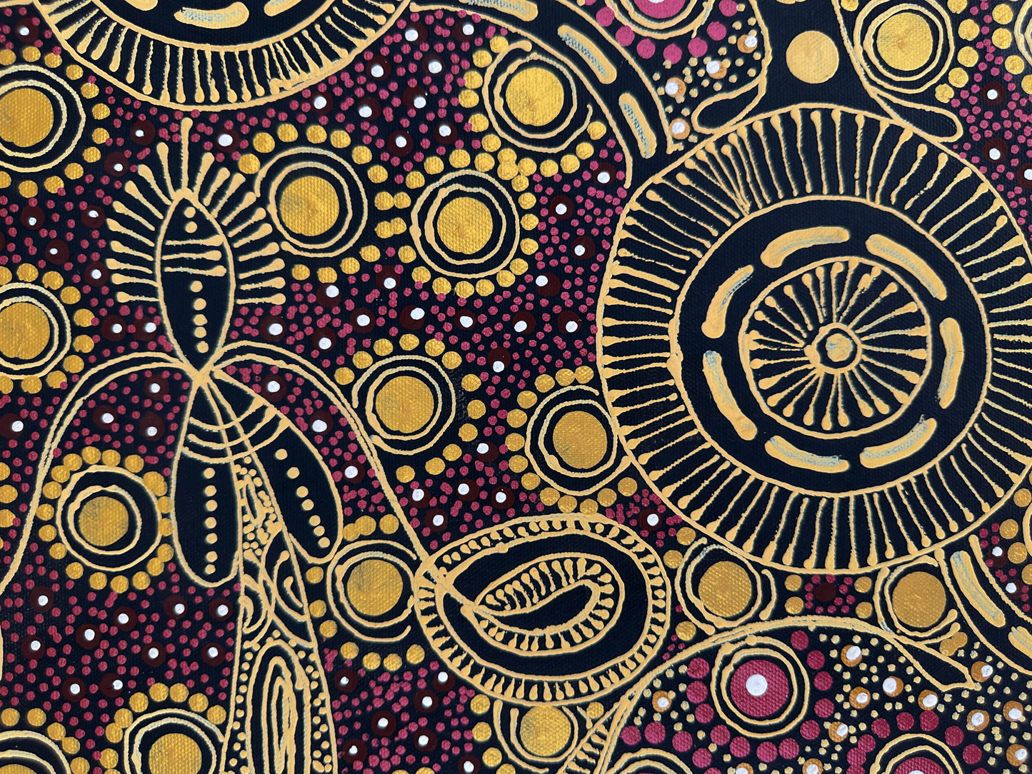 COLLEEN WALLACE NUNGARRAYI (NUNGARI) + Dreamtime Sisters + Santa Teresa + Ltyentye Apurte + Dot Art + Dot Art Painting + Art for sale + Painting for sale + indigenous artwork + aboriginal artwork + Australian art + gold + Darwin Based Gallery + Family Owned business + beautiful art +