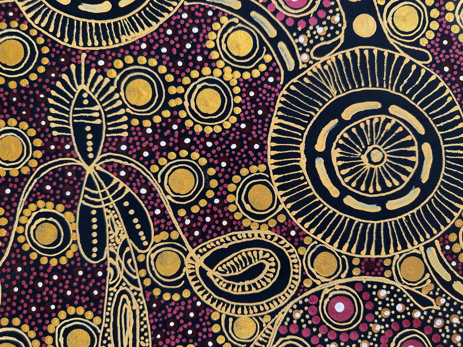 COLLEEN WALLACE NUNGARRAYI (NUNGARI) + Dreamtime Sisters +  Santa Teresa + Ltyentye Apurte + Dot Art + Dot Art Painting + Art for sale + Painting for sale + indigenous artwork + aboriginal artwork + Australian art + gold + Darwin Based Gallery + Family Owned business + beautiful art +