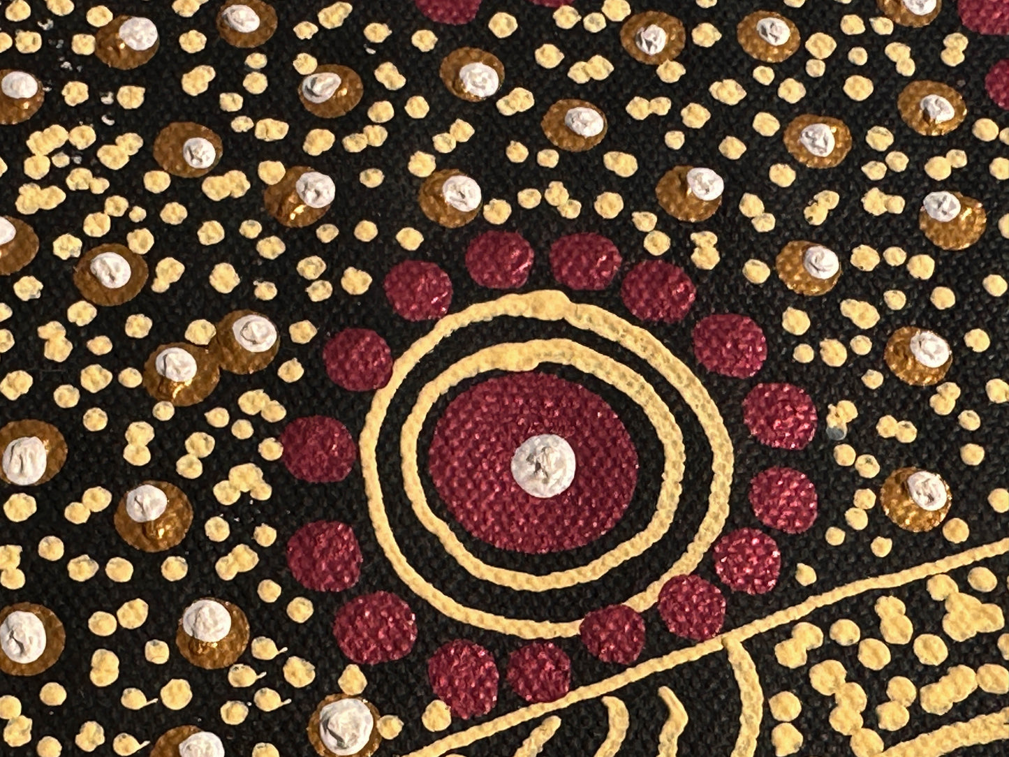 COLLEEN WALLACE NUNGARRAYI (NUNGARI) + Dreamtime Sisters + Santa Teresa + Ltyentye Apurte + Dot Art + Dot Art Painting + Art for sale + Painting for sale + indigenous artwork + aboriginal artwork + Australian art + gold + Darwin Based Gallery + Family Owned business + beautiful art +