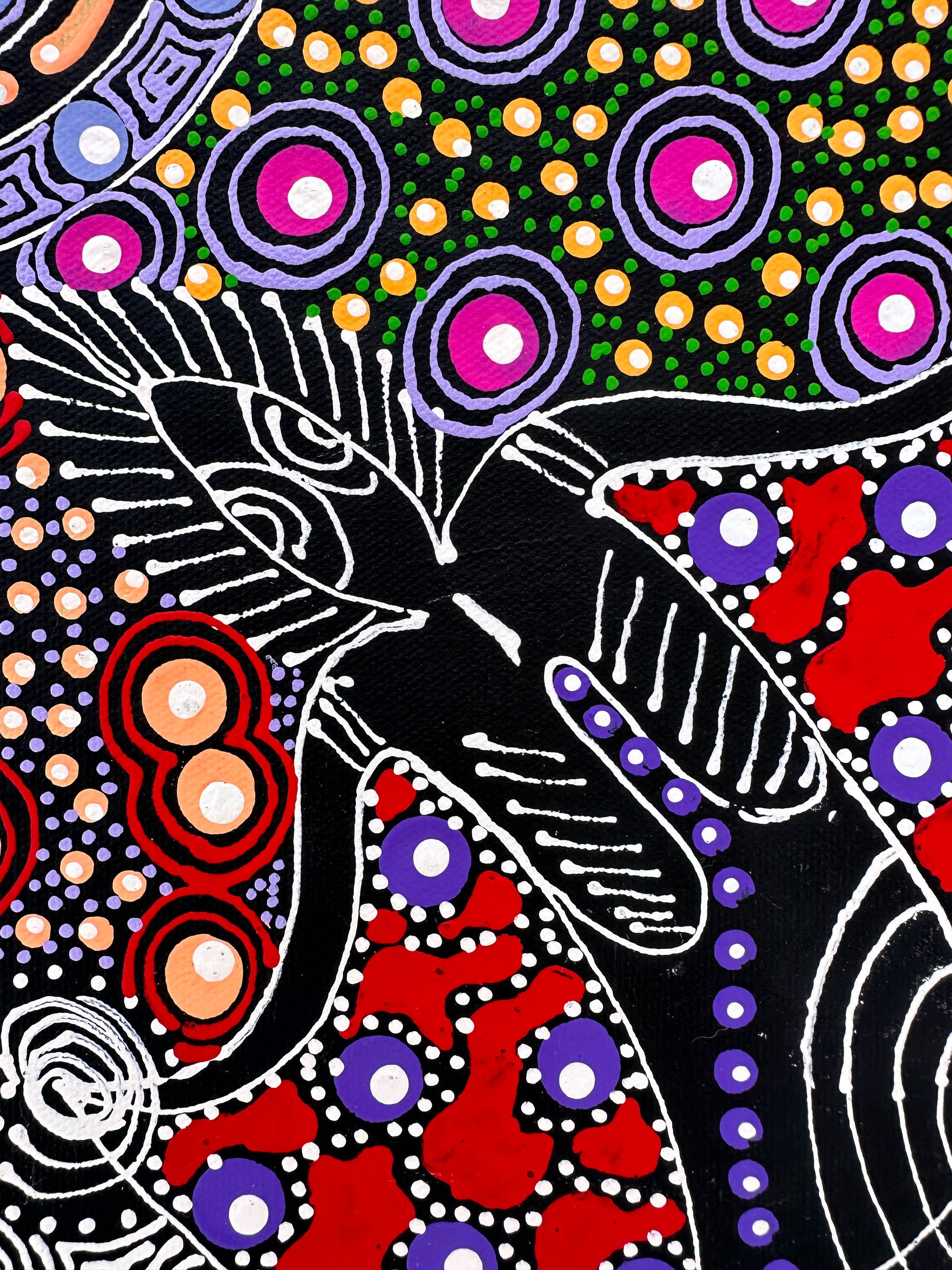Colleen Wallace Nungarrayi Nungari + Dreamtime Sisters + art work for sale + painting for sale + dot art work + dot painting + santa teresa + Ltyentye Apurte + art gallery + darwin based online gallery + family owned business + indigenous art + aboriginal art + australian art + dreamtime sisters + dreaming + women's dreaming + colourful + altyerre aboriginal art + traditional art + contemporary art + interior designer + decor ideas + wall art + home