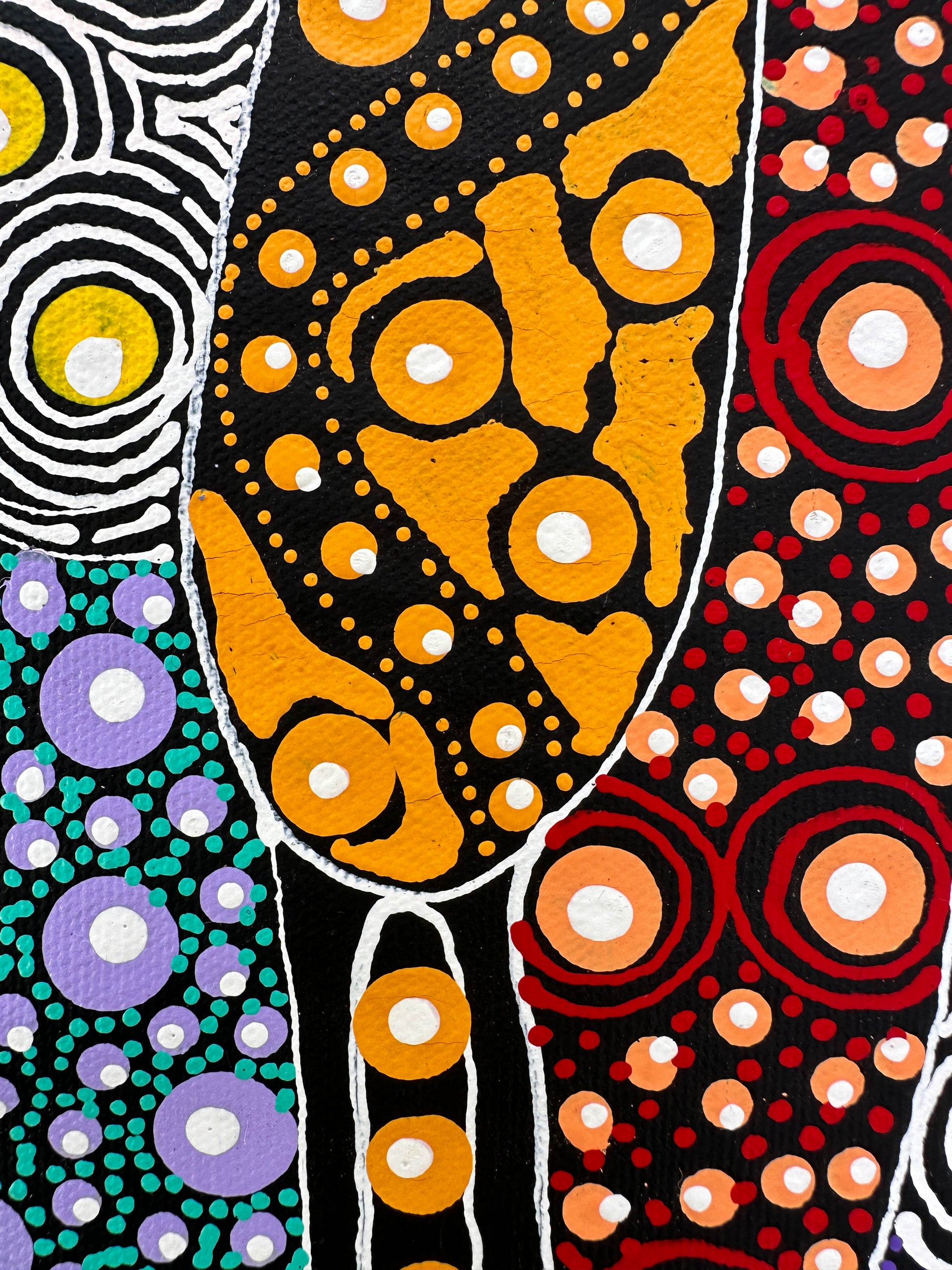Colleen Wallace Nungarrayi Nungari + Dreamtime Sisters + art work for sale + painting for sale + dot art work + dot painting + santa teresa + Ltyentye Apurte + art gallery + darwin based online gallery + family owned business + indigenous art + aboriginal art + australian art + dreamtime sisters + dreaming + women's dreaming + colourful + altyerre aboriginal art + traditional art + contemporary art + interior designer + decor ideas + wall art + home