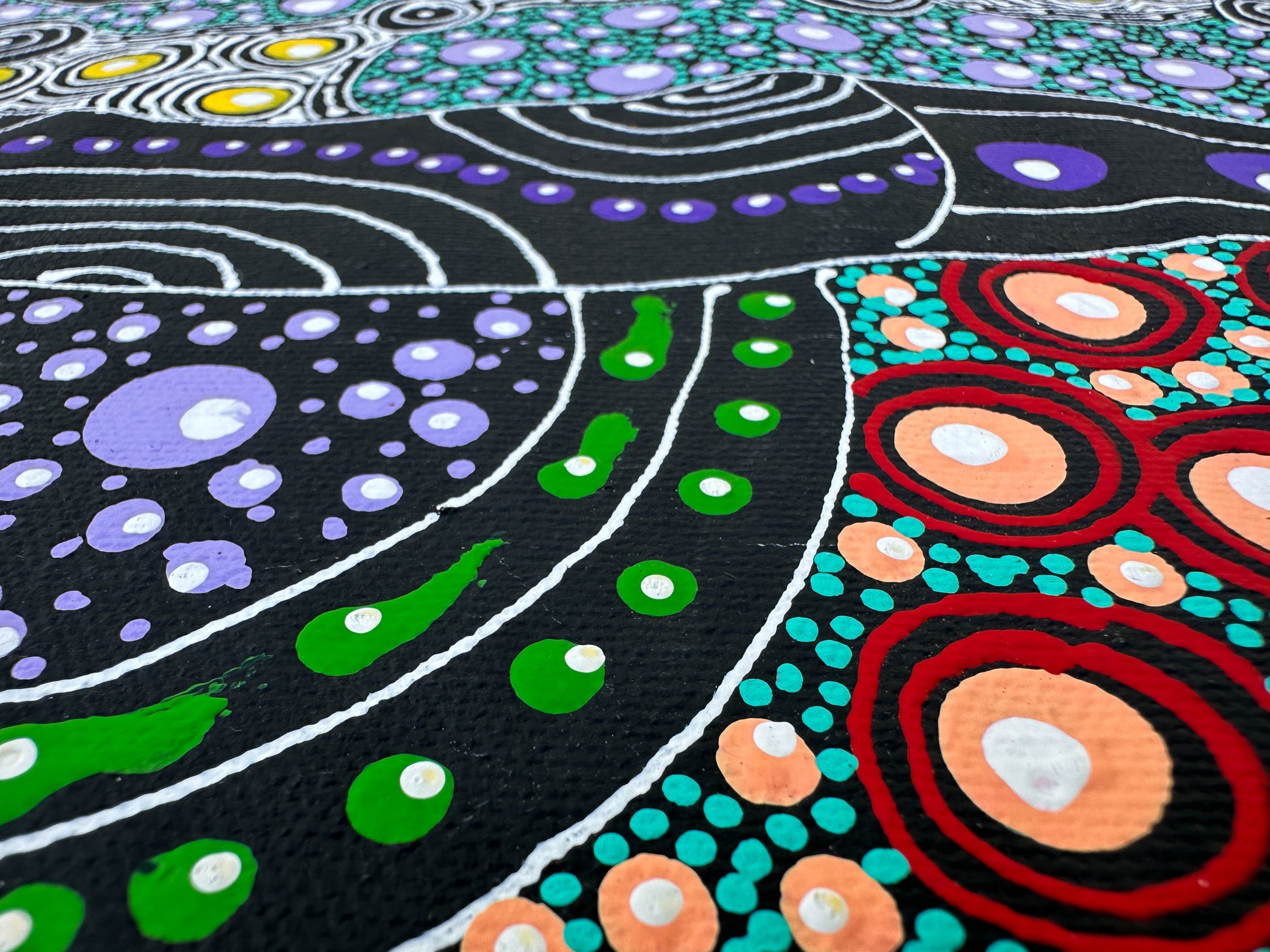 Colleen Wallace Nungarrayi Nungari + Dreamtime Sisters + art work for sale + painting for sale + dot art work + dot painting + santa teresa + Ltyentye Apurte + art gallery + darwin based online gallery + family owned business + indigenous art + aboriginal art + australian art + dreamtime sisters + dreaming + women's dreaming + colourful + altyerre aboriginal art + traditional art + contemporary art + interior designer + decor ideas + wall art + home