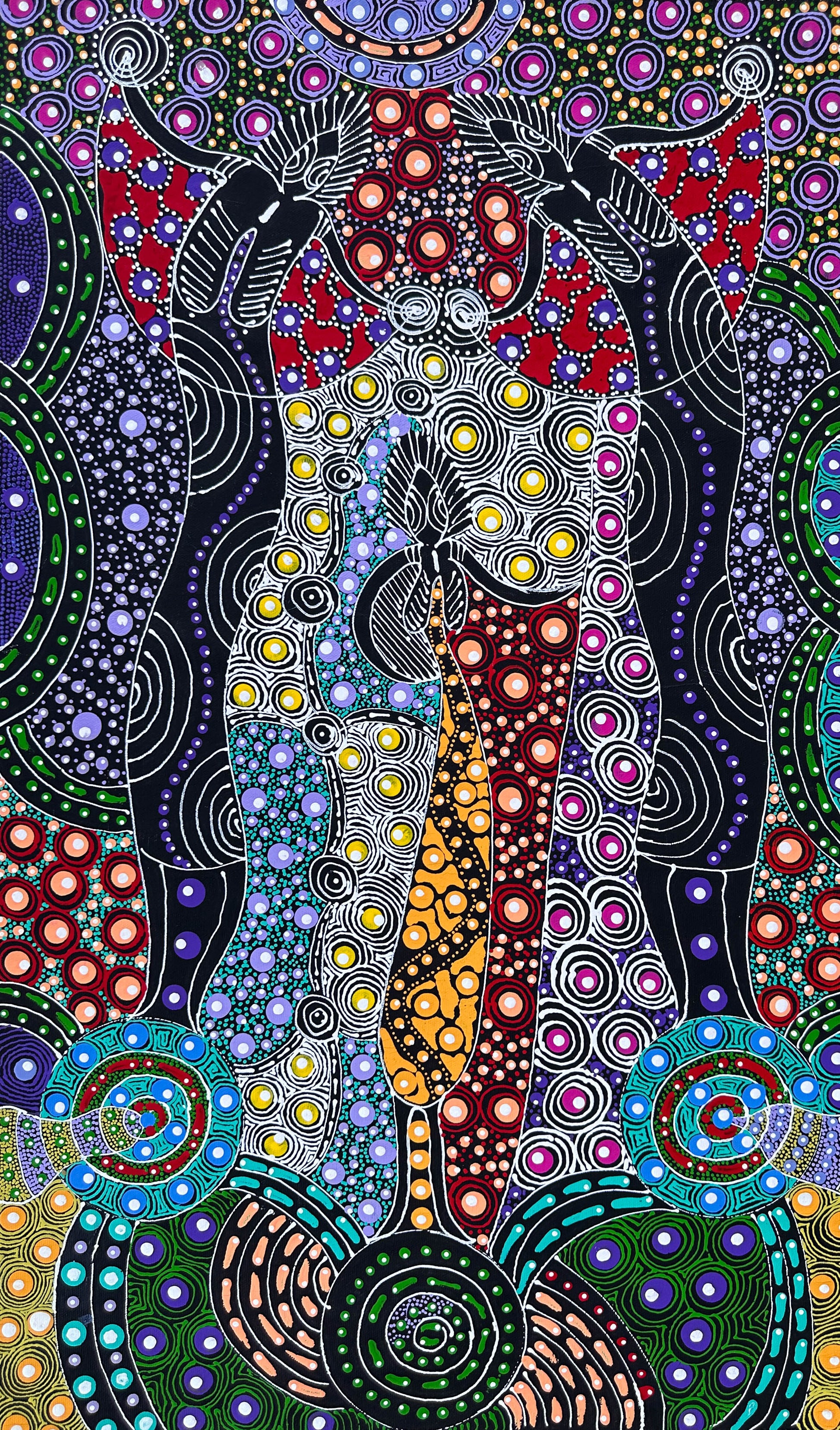 Colleen Wallace Nungarrayi Nungari + Dreamtime Sisters + art work for sale + painting for sale + dot art work + dot painting + santa teresa + Ltyentye Apurte + art gallery + darwin based online gallery + family owned business + indigenous art + aboriginal art + australian art + dreamtime sisters + dreaming + women's dreaming + colourful + altyerre aboriginal art + traditional art + contemporary art + interior designer + decor ideas + wall art + home