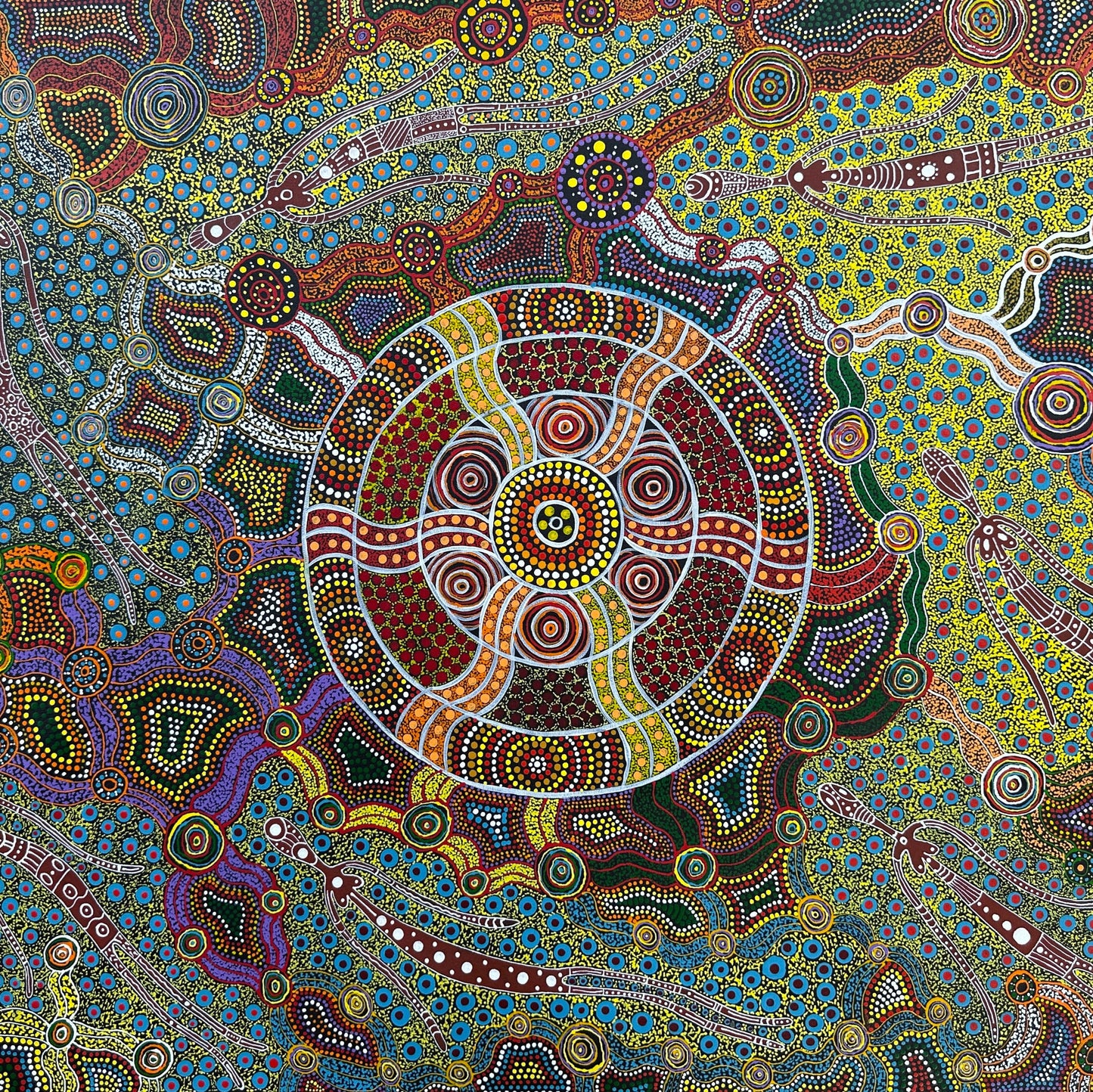 Ltyentye Apurte + Santa Teresa + Denise Doolan + dot art + dot artwork + interior design + decor + painting + art for sale + painting for sale art gallery + indigenous art + aboriginal art + dreamtime + spirit beings + female artist + altyerre + altyerre aboriginal art + intricate + artist + talented artist + Darwin art gallery