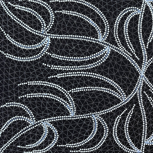 DOREEN DIXON (DICKSON) NAKAMARRA + NGURLU (DAMPER SEED DREAMING)+ Willowra + Wirliyajarrayi  + Warlpiri + art for sale + painting for sale + artwork for sale + dot painting + dot art work + black and white + monochromatic + indigenous art + Aboriginal art + Australian art + traditional art + intricate art + unique artwork + darwin based gallery + family owned business + art collector + art story + home decor + interior designer + decor + black and white + monochromatic