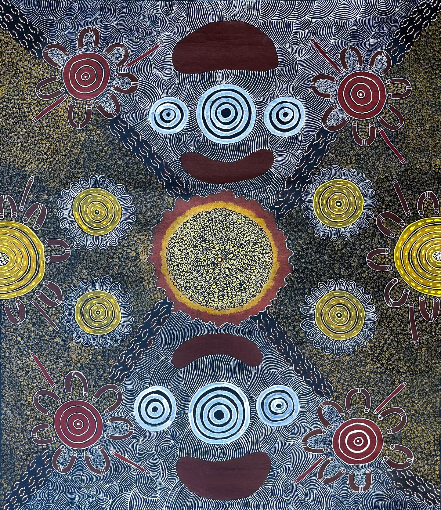 Delores Furber Pultara Napaltjarri + Ltyentye Apurte (Santa Teresa)  + Indigenous Art + Aboriginal Art + Australian Art + Painting + Icongraphy + Symbolism + Intricate + Art Story + Traditional Art + Contemporary Art  + Darwin Based Gallery