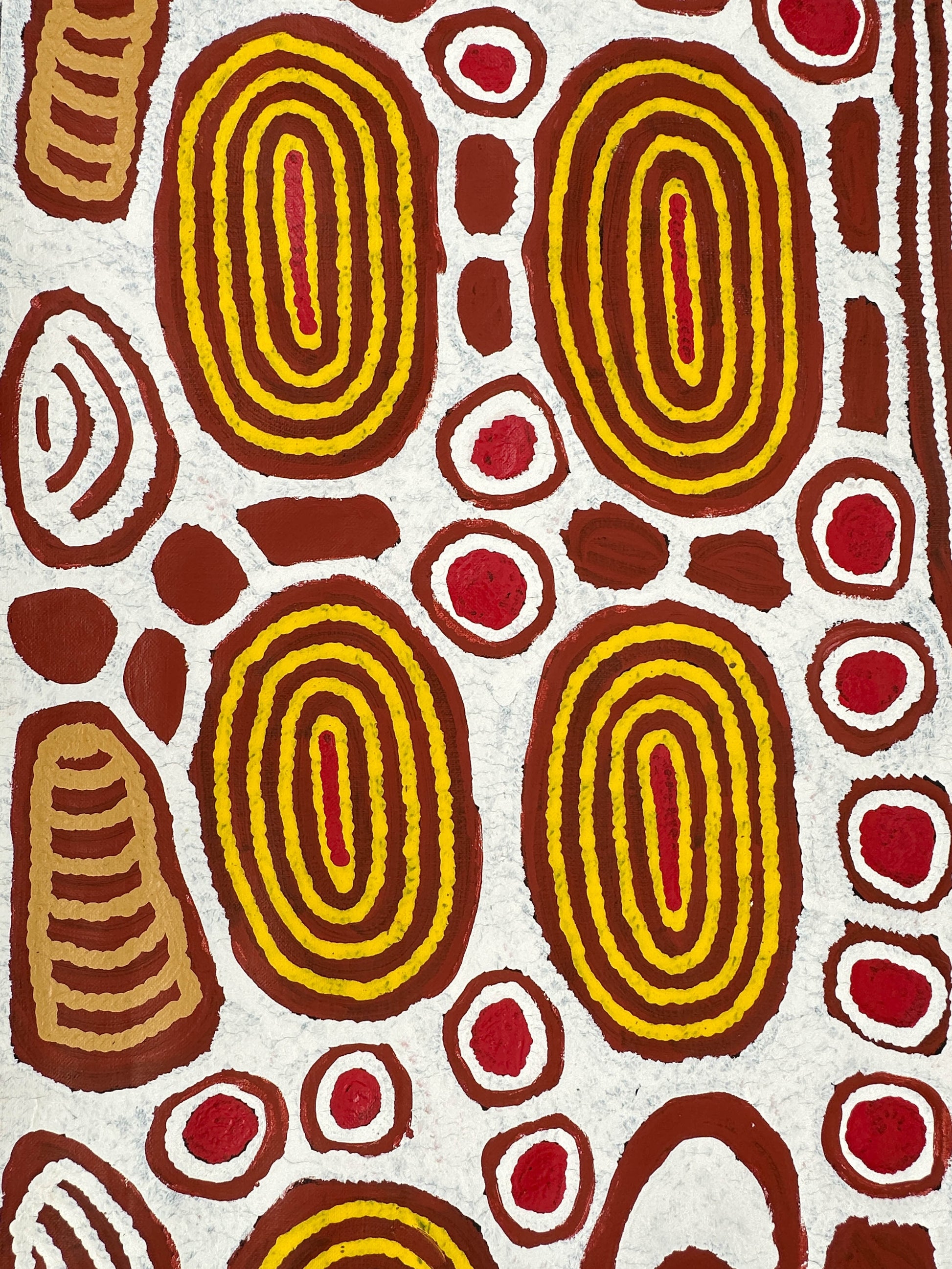 Faith Butler Nungurrayi + Docker River + Western Australia + jukurpa + tingari + Tingarri + indigenous art + aboriginal art + australian art + art story + creation stories + dreamtime stories + dreaming + aboriginal dreaming + art + artwork + art for sale + painting for sale + artwork for sale + altyerre aboriginal art + online art gallery + family owned business + interior design ideas + decor ideas + white + yellow + red + brown +