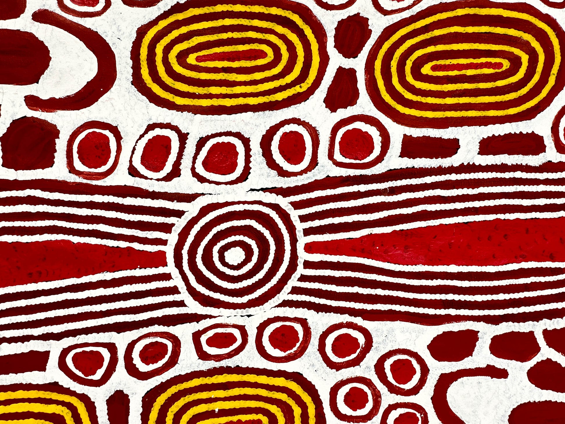 Faith Butler Nungurrayi + Docker River + Western Australia + jukurpa + tingari + Tingarri + indigenous art + aboriginal art + australian art + art story + creation stories + dreamtime stories + dreaming + aboriginal dreaming + art + artwork + art for sale + painting for sale + artwork for sale + altyerre aboriginal art + online art gallery + family owned business + interior design ideas + decor ideas + white + yellow + red + brown +