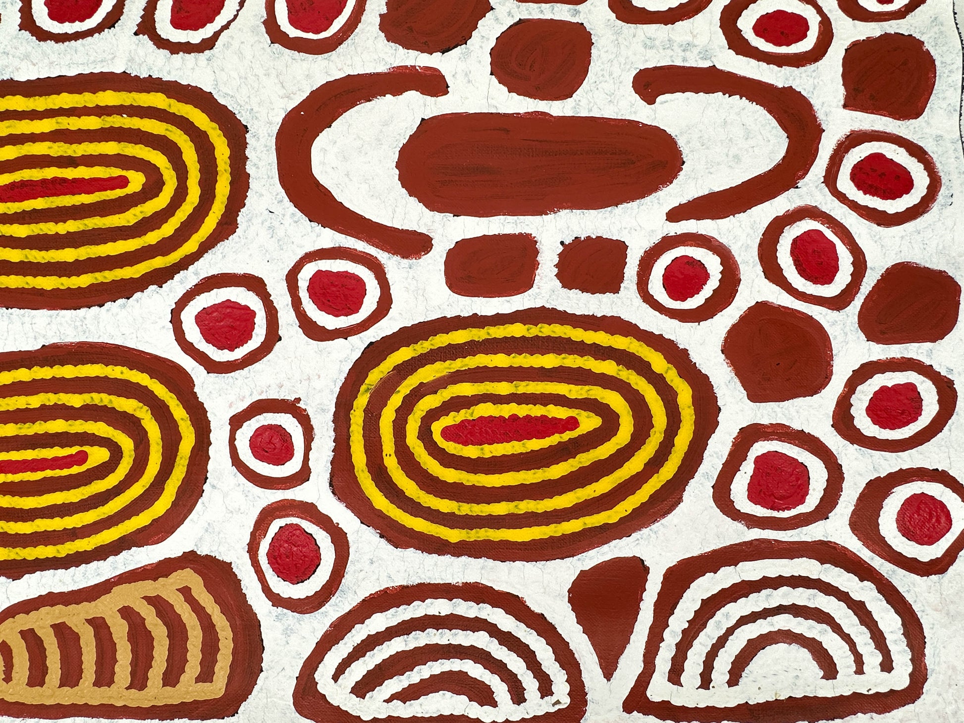 Faith Butler Nungurrayi + Docker River + Western Australia + jukurpa + tingari + Tingarri + indigenous art + aboriginal art + australian art + art story + creation stories + dreamtime stories + dreaming + aboriginal dreaming + art + artwork + art for sale + painting for sale + artwork for sale + altyerre aboriginal art + online art gallery + family owned business + interior design ideas + decor ideas + white + yellow + red + brown +