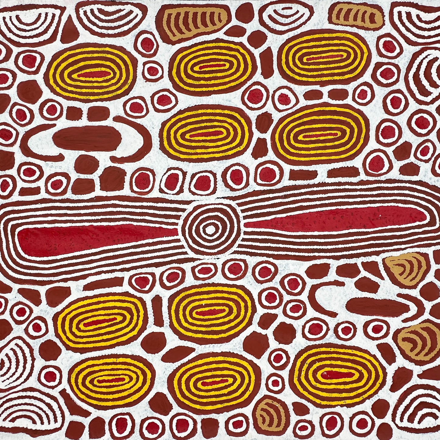 Faith Butler Nungurrayi + Docker River + Western Australia + jukurpa + tingari + Tingarri + indigenous art + aboriginal art + australian art + art story + creation stories + dreamtime stories + dreaming + aboriginal dreaming + art + artwork + art for sale + painting for sale + artwork for sale + altyerre aboriginal art + online art gallery + family owned business + interior design ideas + decor ideas + white + yellow + red + brown +