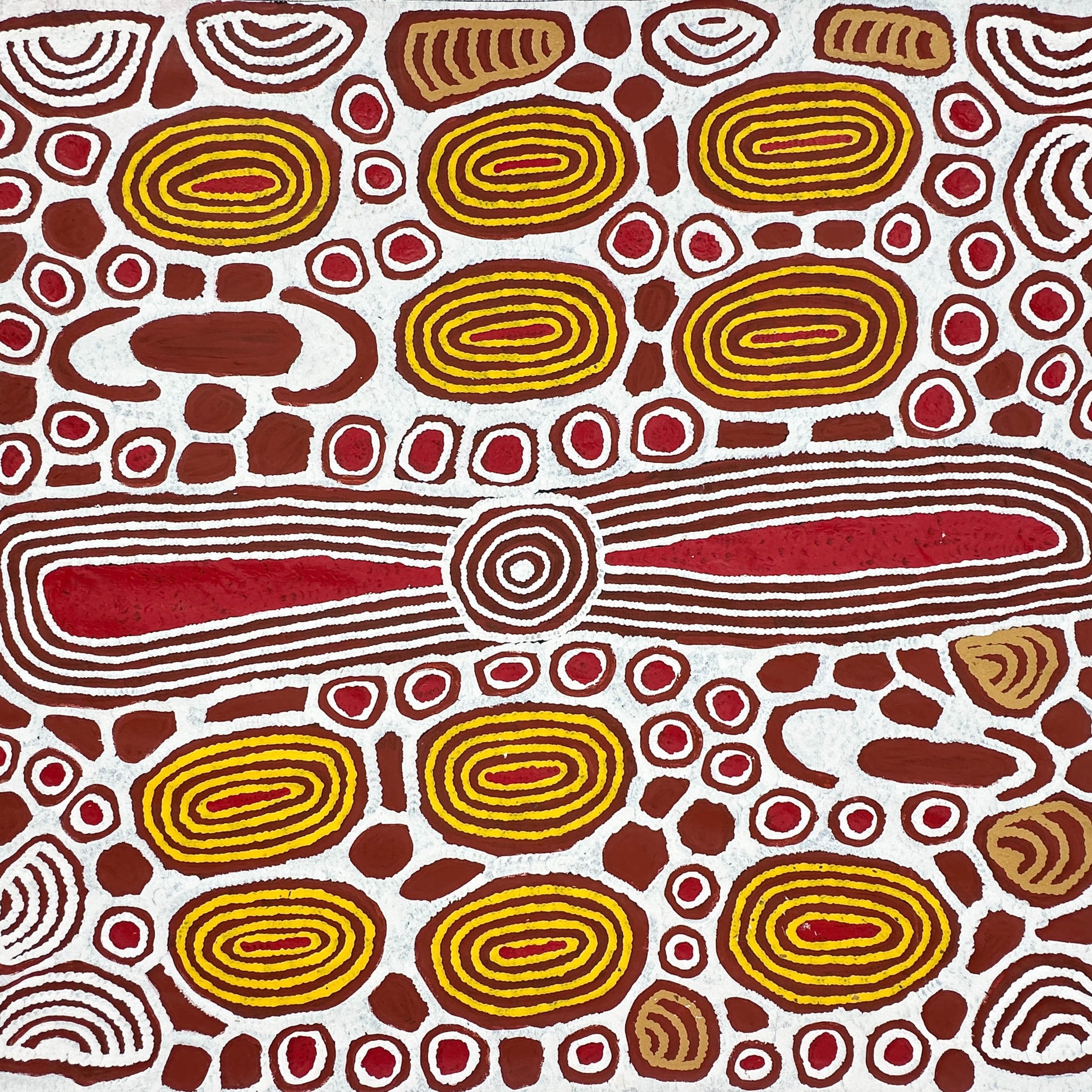 Faith Butler Nungurrayi + Docker River + Western Australia + jukurpa + tingari + Tingarri + indigenous art + aboriginal art + australian art + art story + creation stories + dreamtime stories + dreaming + aboriginal dreaming + art + artwork + art for sale + painting for sale + artwork for sale + altyerre aboriginal art + online art gallery + family owned business + interior design ideas + decor ideas + white + yellow + red + brown +
