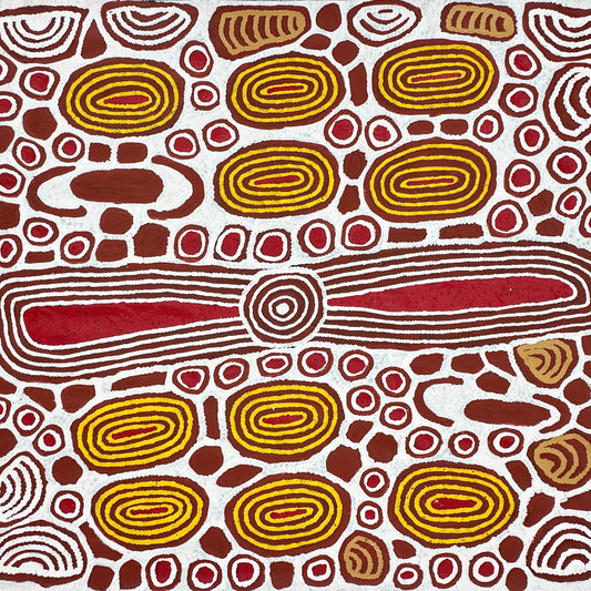 Faith Butler Nungurrayi + Docker River + Western Australia + jukurpa + tingari + Tingarri + indigenous art + aboriginal art + australian art + art story + creation stories + dreamtime stories + dreaming + aboriginal dreaming + art + artwork + art for sale + painting for sale + artwork for sale + altyerre aboriginal art + online art gallery + family owned business + interior design ideas + decor ideas + white + yellow + red + brown +
