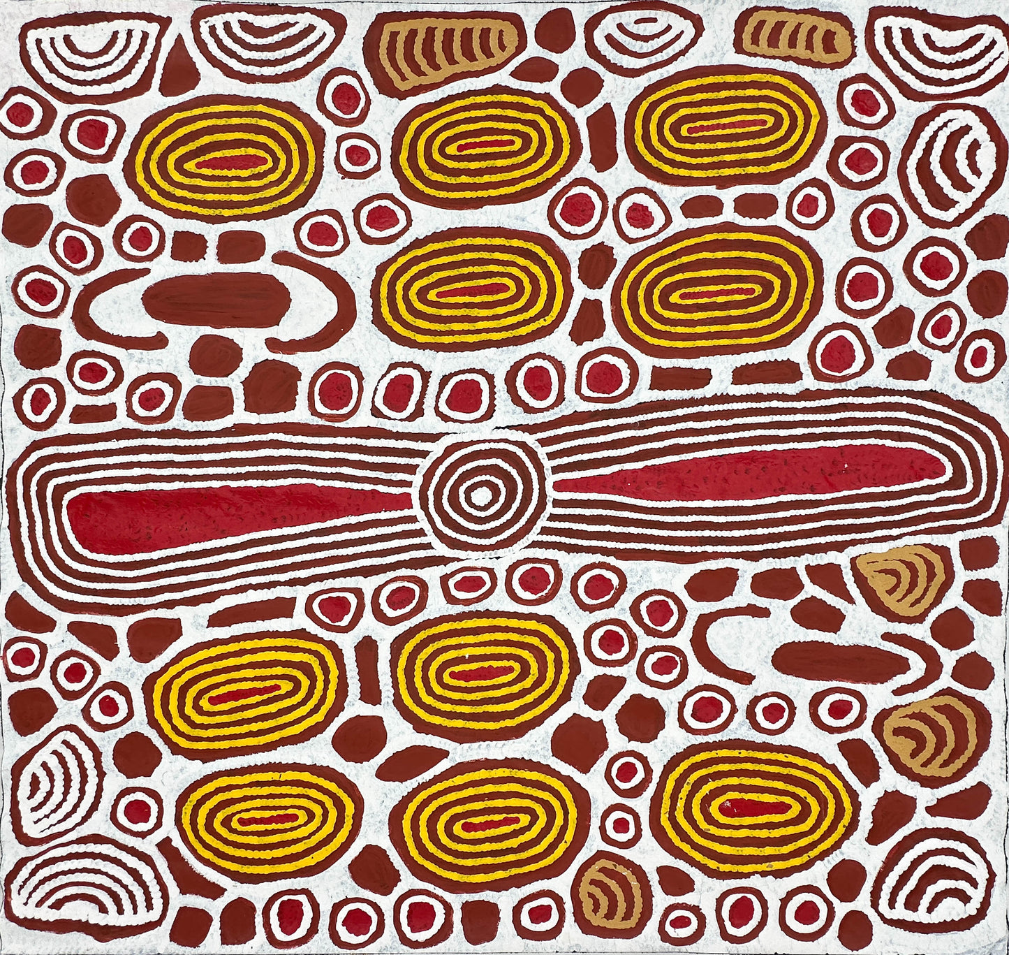 Faith Butler Nungurrayi + Docker River + Western Australia + jukurpa + tingari + Tingarri + indigenous art + aboriginal art + australian art + art story + creation stories + dreamtime stories + dreaming + aboriginal dreaming + art + artwork + art for sale + painting for sale + artwork for sale + altyerre aboriginal art + online art gallery + family owned business + interior design ideas + decor ideas + white + yellow + red + brown +