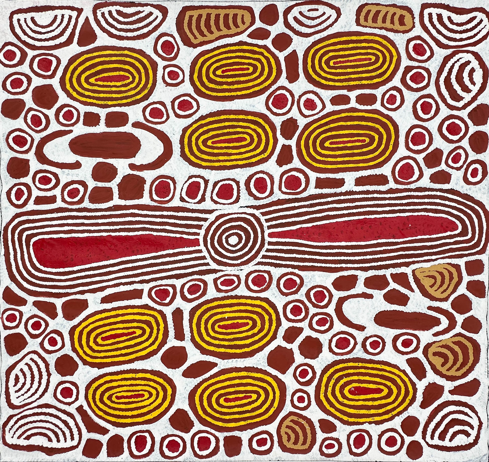 Faith Butler Nungurrayi + Docker River + Western Australia + jukurpa + tingari + Tingarri + indigenous art + aboriginal art + australian art + art story + creation stories + dreamtime stories + dreaming + aboriginal dreaming + art + artwork + art for sale + painting for sale + artwork for sale + altyerre aboriginal art + online art gallery + family owned business + interior design ideas + decor ideas + white + yellow + red + brown +