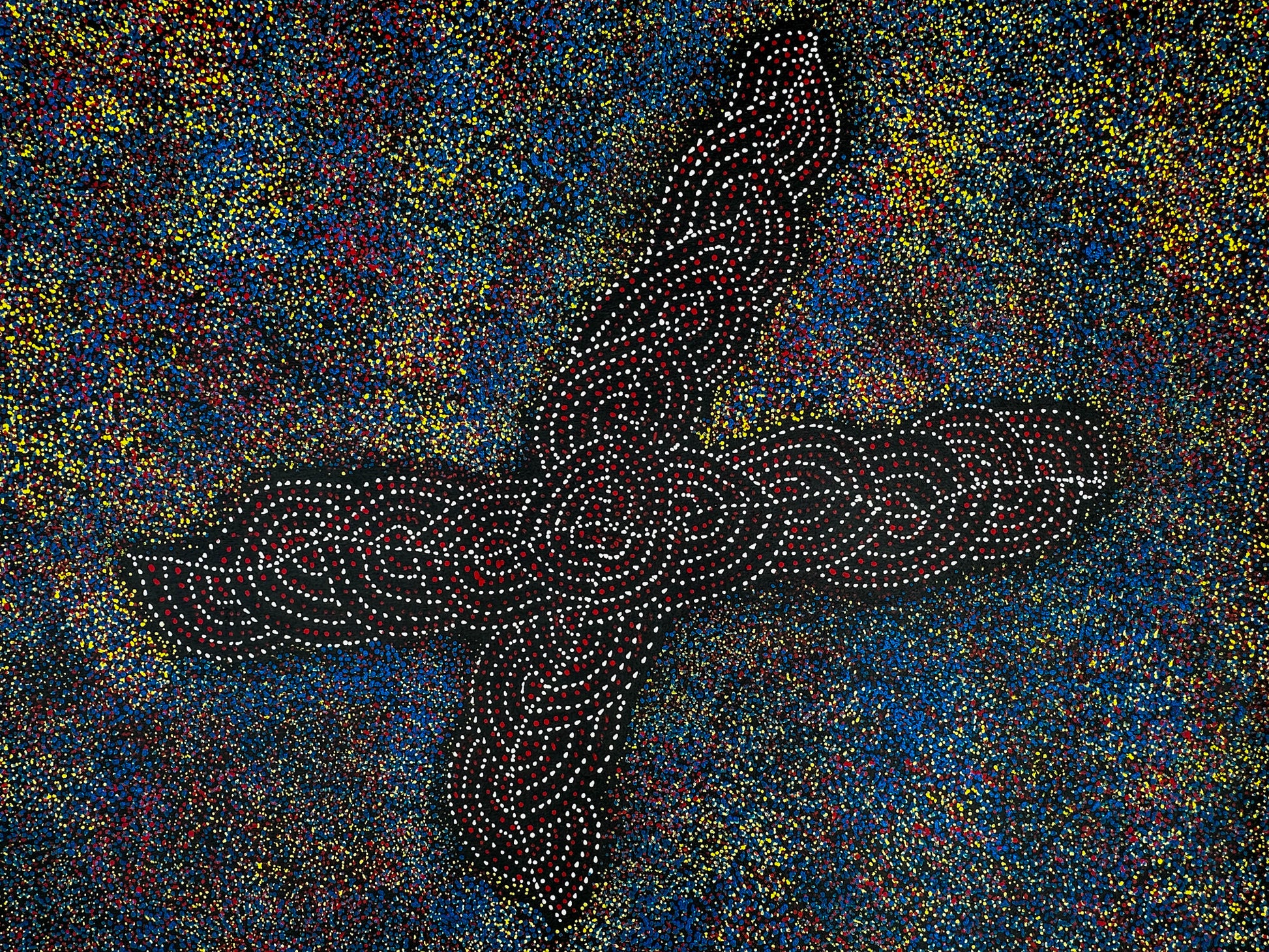 Gracie Morton Pwerle + Bush Plum Dreaming + Anwekety + Conkerberry + Myrtle Petyarre's daughter + Utopia + dot art + dot painting + dot artwork + blue + yellow + red + white + black + art story + indigenous art + aboriginal art + australian art + art for sale + artwork for sale + painting for sale + art gallery + online art gallery + family owned business + large artwork + beautiful art + wall art + aboriginal dreaming + female artist + interior design ideas