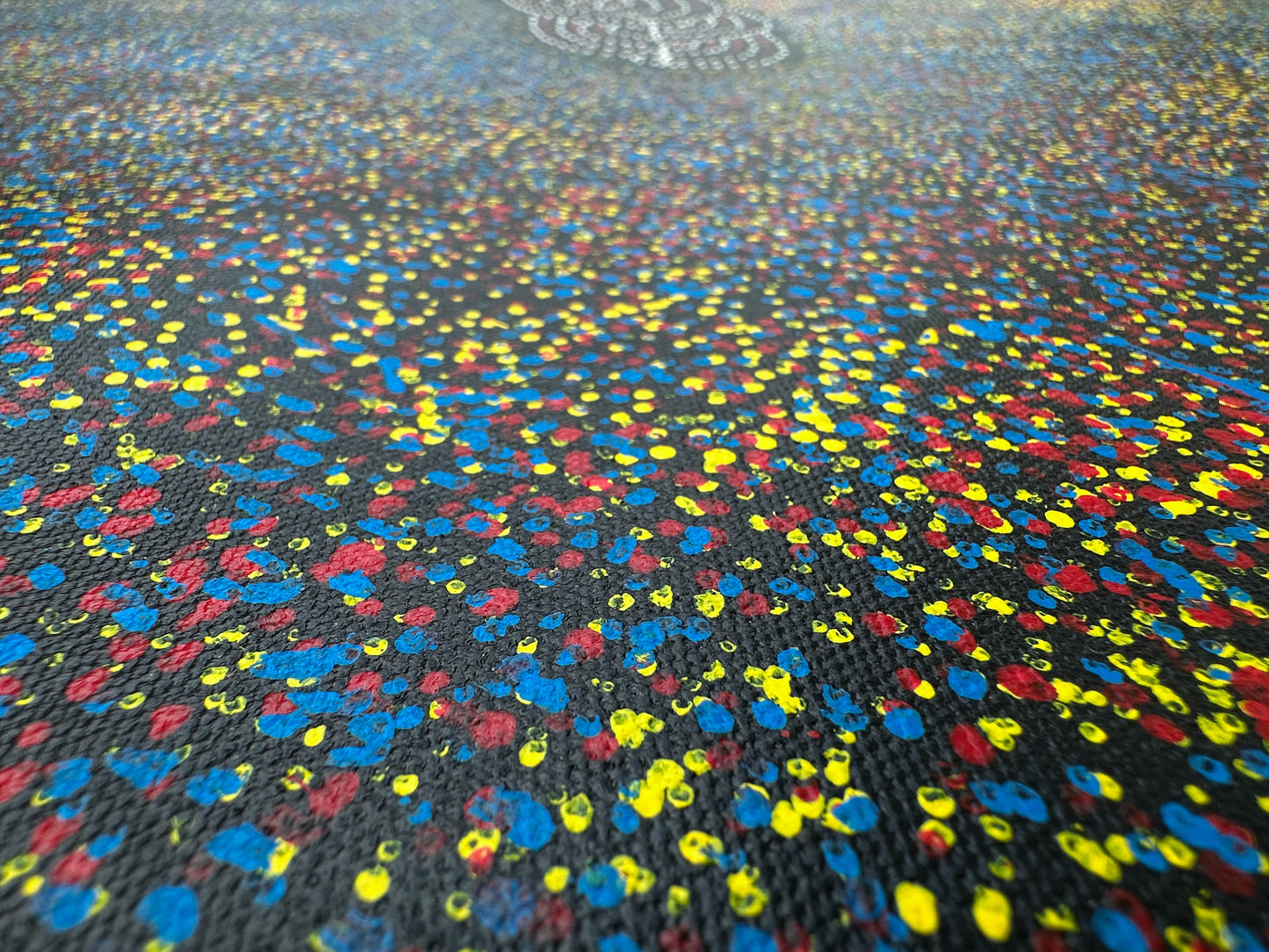 Gracie Morton Pwerle + Bush Plum Dreaming + Anwekety + Conkerberry + Myrtle Petyarre's daughter + Utopia + dot art + dot painting + dot artwork + blue + yellow + red + white + black + art story + indigenous art + aboriginal art + australian art + art for sale + artwork for sale + painting for sale + art gallery + online art gallery + family owned business + large artwork + beautiful art + wall art + aboriginal dreaming + female artist + interior design ideas