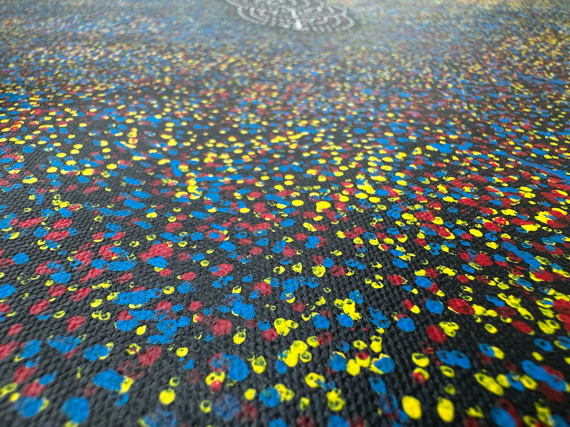 Gracie Morton Pwerle + Bush Plum Dreaming + Anwekety + Conkerberry + Myrtle Petyarre's daughter + Utopia + dot art + dot painting + dot artwork + blue + yellow + red + white + black + art story + indigenous art + aboriginal art + australian art + art for sale + artwork for sale + painting for sale + art gallery + online art gallery + family owned business + large artwork + beautiful art + wall art + aboriginal dreaming + female artist + interior design ideas