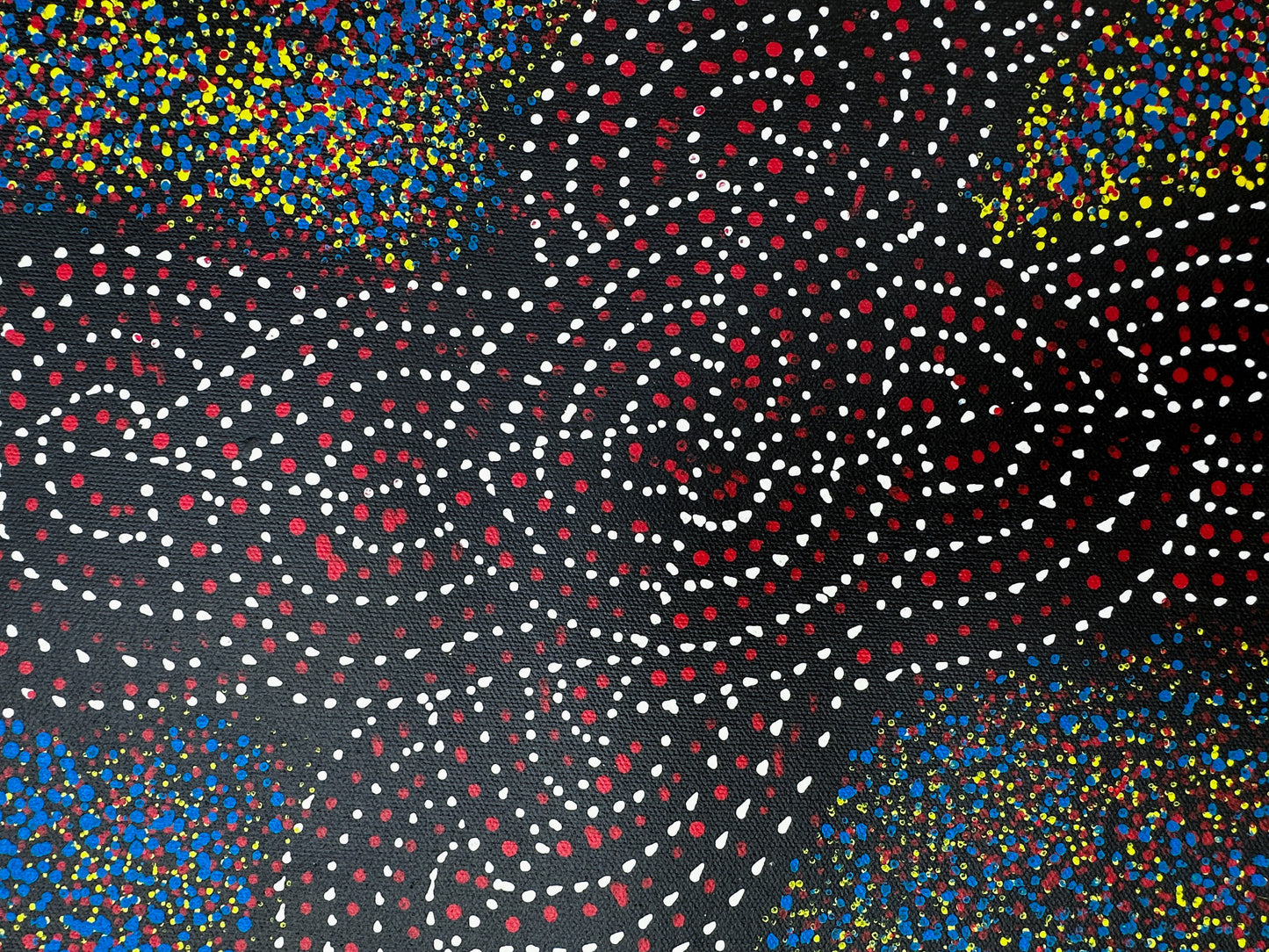 Gracie Morton Pwerle + Bush Plum Dreaming + Anwekety + Conkerberry + Myrtle Petyarre's daughter + Utopia + dot art + dot painting + dot artwork + blue + yellow + red + white + black + art story + indigenous art + aboriginal art + australian art + art for sale + artwork for sale + painting for sale + art gallery + online art gallery + family owned business + large artwork + beautiful art + wall art + aboriginal dreaming + female artist + interior design ideas