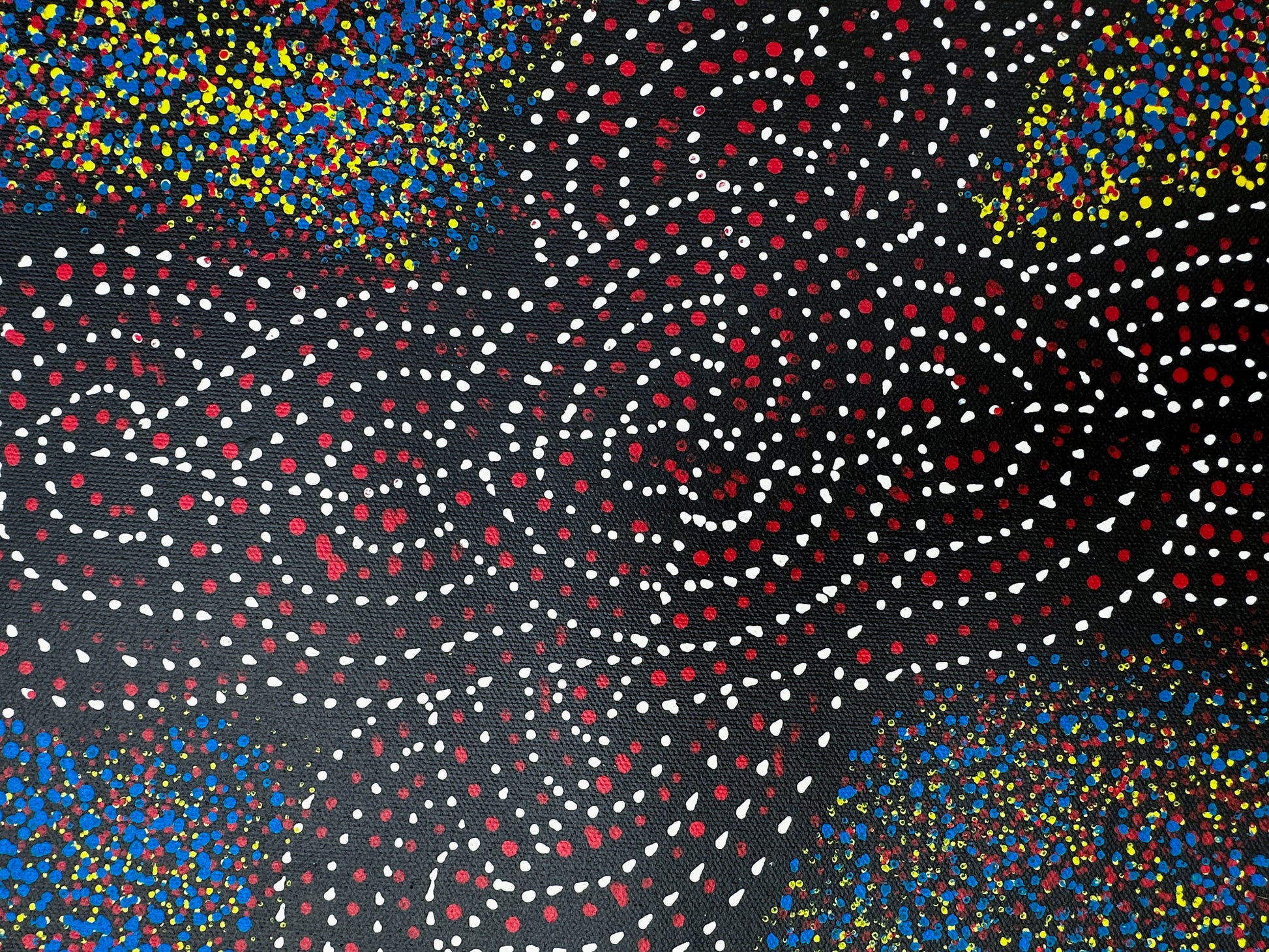 Gracie Morton Pwerle + Bush Plum Dreaming + Anwekety + Conkerberry + Myrtle Petyarre's daughter + Utopia + dot art + dot painting + dot artwork + blue + yellow + red + white + black + art story + indigenous art + aboriginal art + australian art + art for sale + artwork for sale + painting for sale + art gallery + online art gallery + family owned business + large artwork + beautiful art + wall art + aboriginal dreaming + female artist + interior design ideas