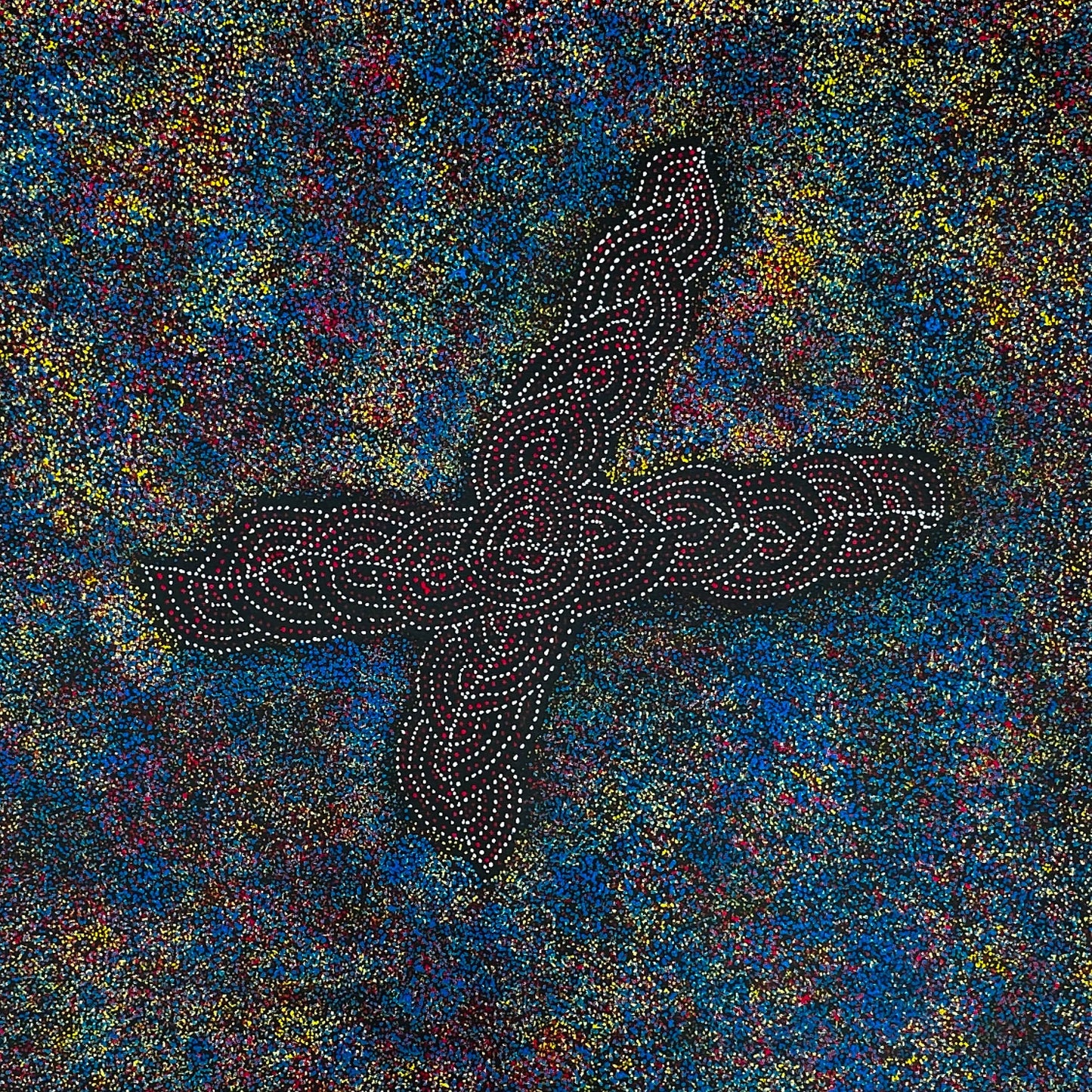 Gracie Morton Pwerle + Bush Plum Dreaming + Anwekety + Conkerberry + Myrtle Petyarre's daughter + Utopia + dot art + dot painting + dot artwork + blue + yellow + red + white + black + art story + indigenous art + aboriginal art + australian art + art for sale + artwork for sale + painting for sale + art gallery + online art gallery + family owned business + large artwork + beautiful art + wall art + aboriginal dreaming + female artist + interior design ideas + office decor + home decor +