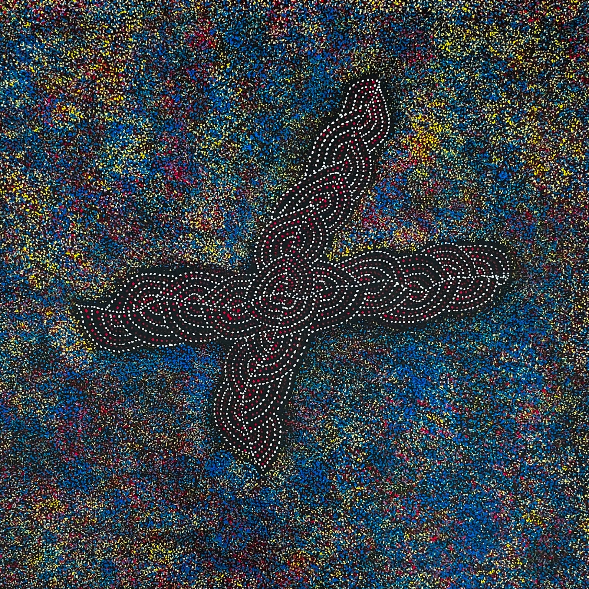 Gracie Morton Pwerle + Bush Plum Dreaming + Anwekety + Conkerberry + Myrtle Petyarre's daughter + Utopia + dot art + dot painting + dot artwork + blue + yellow + red + white + black + art story + indigenous art + aboriginal art + australian art + art for sale + artwork for sale + painting for sale + art gallery + online art gallery + family owned business + large artwork + beautiful art + wall art + aboriginal dreaming + female artist + interior design ideas + office decor + home decor +