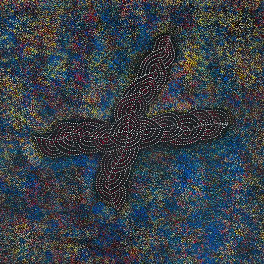 Gracie Morton Pwerle + Bush Plum Dreaming + Anwekety + Conkerberry + Myrtle Petyarre's daughter + Utopia + dot art + dot painting + dot artwork + blue + yellow + red + white + black + art story + indigenous art + aboriginal art + australian art + art for sale + artwork for sale + painting for sale + art gallery + online art gallery + family owned business + large artwork + beautiful art + wall art + aboriginal dreaming + female artist + interior design ideas + office decor + home decor +