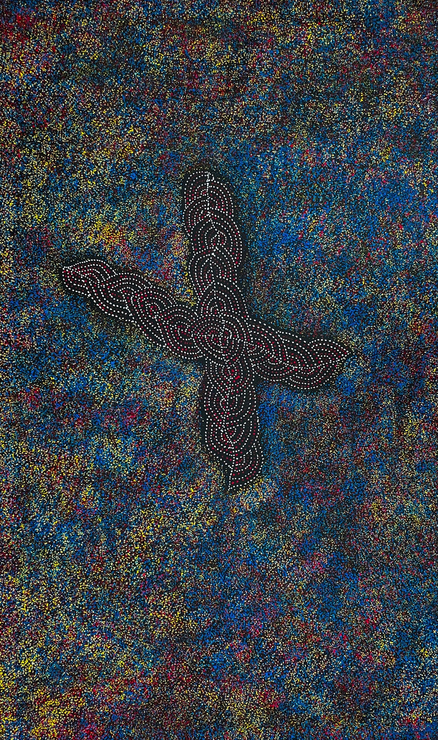 Gracie Morton Pwerle + Bush Plum Dreaming + Anwekety + Conkerberry + Myrtle Petyarre's daughter + Utopia + dot art + dot painting + dot artwork + blue + yellow + red + white + black + art story + indigenous art + aboriginal art + australian art + art for sale + artwork for sale + painting for sale + art gallery + online art gallery + family owned business + large artwork + beautiful art + wall art + aboriginal dreaming + female artist + interior design ideas