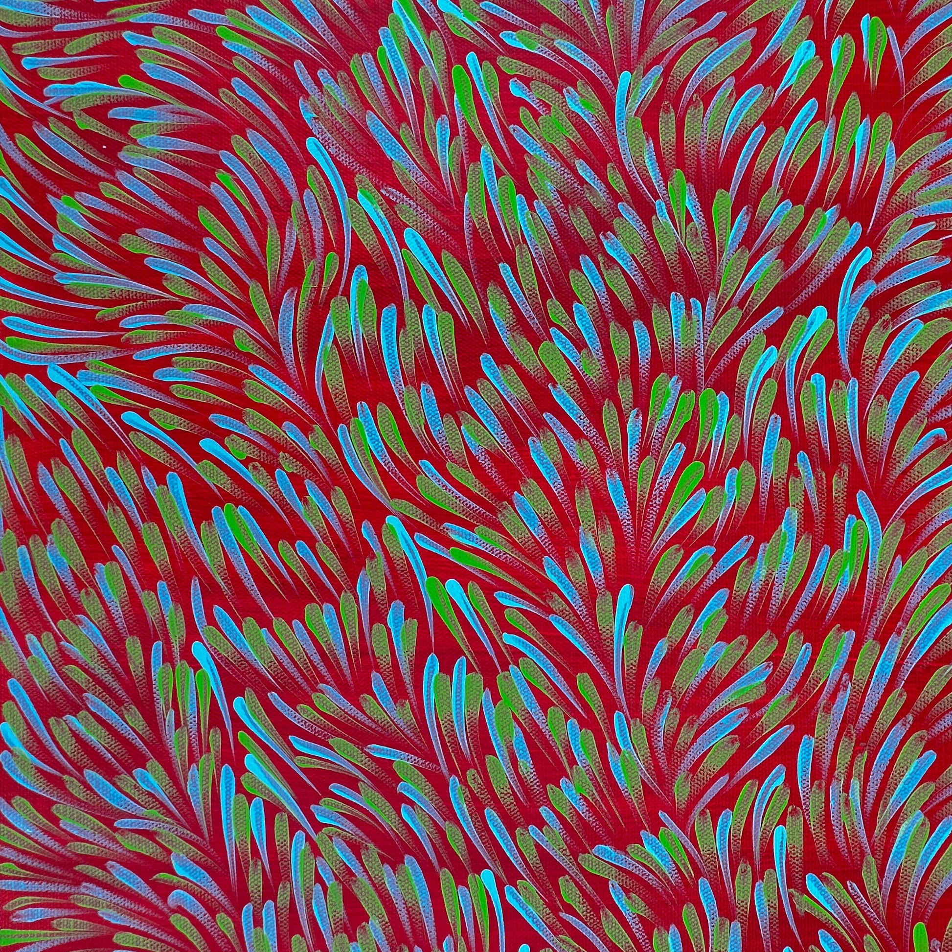 Gloria Tamerre Petyarre + Famous Artist + Utopia + Art Collector + Bush medicine leaves + leaves + medicine + green + blue + aqua + red + Indigneous art + Aboriginal Art + Australian Art + Darwin Based Gallery + Art Gallery + Family Business + Art for sale + painting for sale + wall art + artwork for sale