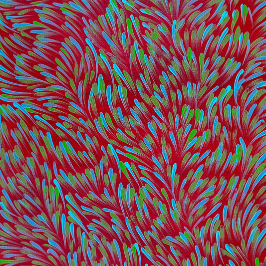 Gloria Tamerre Petyarre + Famous Artist + Utopia + Art Collector + Bush medicine leaves + leaves + medicine + green + blue + aqua + red + Indigneous art + Aboriginal Art + Australian Art + Darwin Based Gallery + Art Gallery + Family Business + Art for sale + painting for sale + wall art + artwork for sale