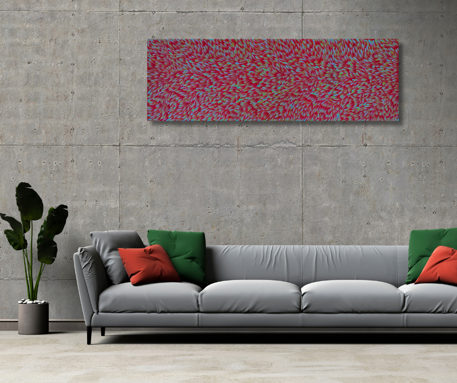 Gloria Tamerre Petyarre + Famous Artist + Utopia + Art Collector + Bush medicine leaves + leaves + medicine + green + blue + aqua + red + Indigneous art + Aboriginal Art + Australian Art + Darwin Based Gallery + Art Gallery + Family Business + Art for sale + painting for sale + wall art + artwork for sale