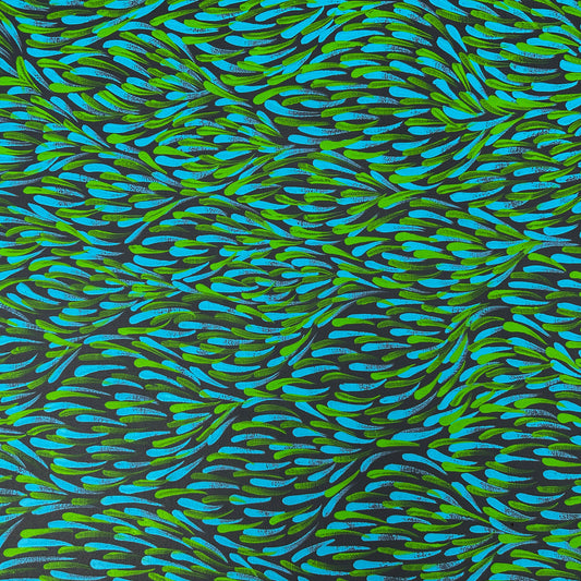 Gloria Pitjara Petyarre + Utopia + famous artist + famous indigenous artist + indigenous art + aboriginal art + australian art + art collector + art for sale + artwork for sale + painting for sale + green + teal + bush medicine leaves + leaves + art story + petyarre sisters + altyerre aboriginal art + art gallery + online art gallery + family owned business + darwin based gallery + art collection + interior designer + interior decor + decor ideas + home decor + office decor +