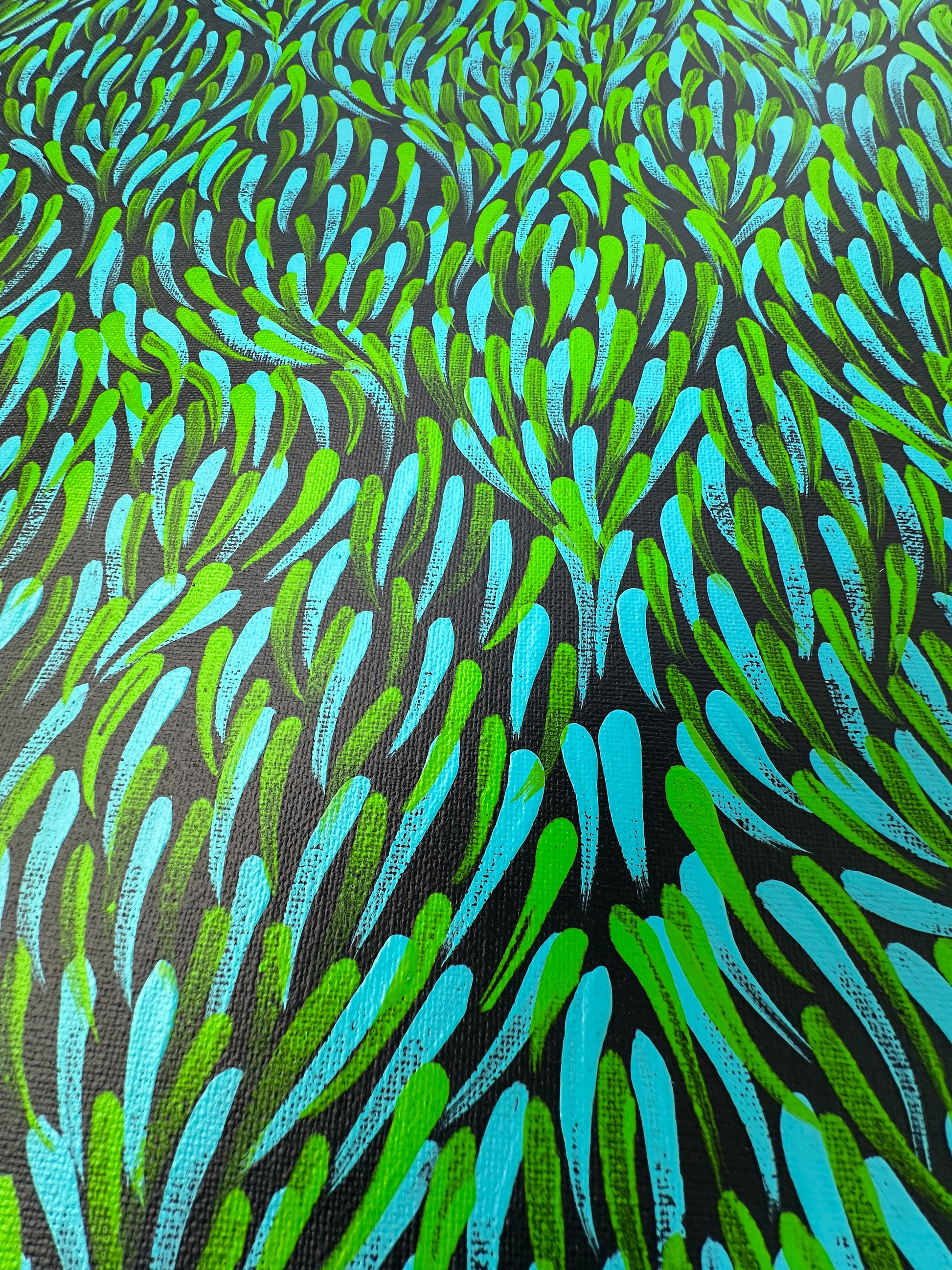 Gloria Pitjara Petyarre + Utopia + famous artist + famous indigenous artist + indigenous art + aboriginal art + australian art + art collector + art for sale + artwork for sale + painting for sale + green + teal + bush medicine leaves + leaves + art story + petyarre sisters + altyerre aboriginal art + art gallery + online art gallery + family owned business + darwin based gallery + art collection + interior designer + interior decor + decor ideas + home decor + office decor +