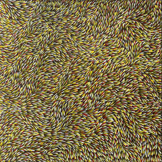 Gloria Tamerre Petyarre Bush Medicine Leaves Utopia Movement Contemporary Bush Medicine Indigenous Art Aboriginal Art Australian Art Art Gallery Red Yellow White Masterpiece Altyerre Aboriginal Art Painting