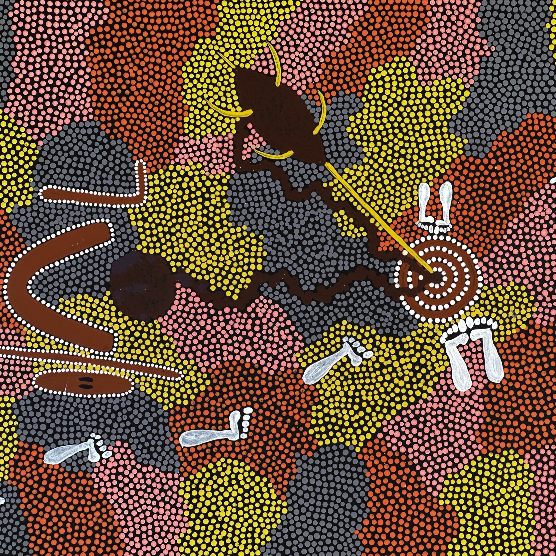 Isobel Hagan Nungarrayi + Yuelamu + Mt Allen +Indigenous Art + Aboriginal Art + Australian Art + Art Gallery + Art for Sale + Painting for sale + Dot Painting + dot art work + trradtional art + yellow + orange + grey + white + brown + footprints + darwin based gallery + family owned gallery +
