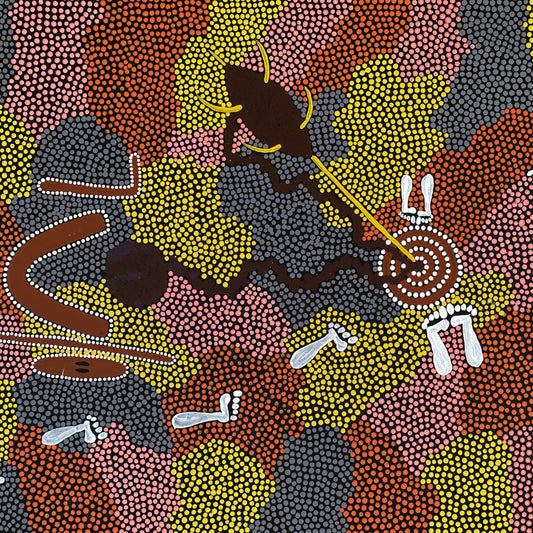 Isobel Hagan Nungarrayi + Yuelamu + Mt Allen +Indigenous Art + Aboriginal Art + Australian Art + Art Gallery + Art for Sale + Painting for sale + Dot Painting + dot art work + trradtional art + yellow + orange + grey + white + brown + footprints + darwin based gallery + family owned gallery +