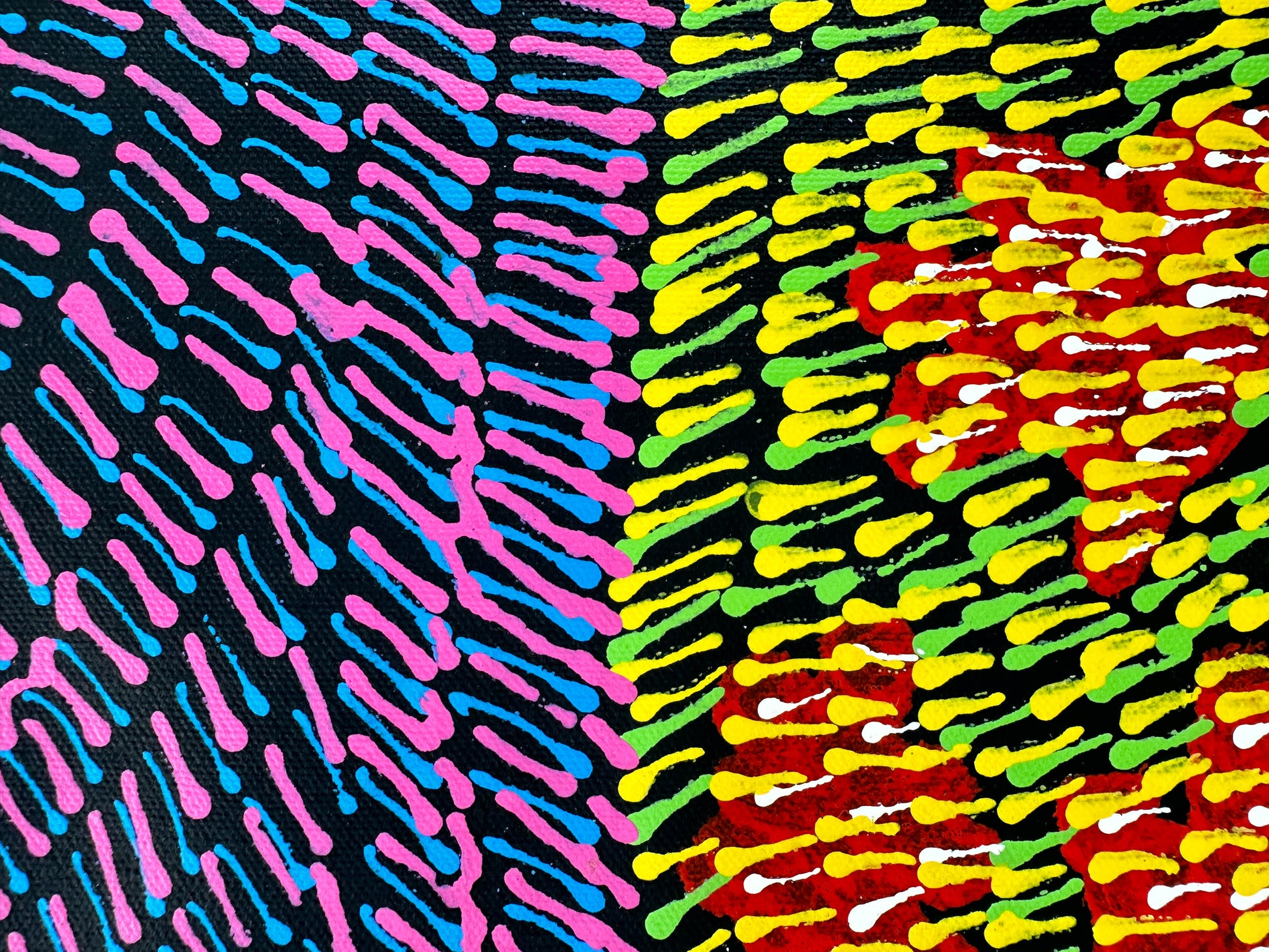 Jessie Bird Nangala Ngale + Utopia + Colourful art + Traditional art + Aboriginal art + Indigenous Art + Bush Tucker + Bush Food + Darwin Based Gallery + Iconography + Symbolism + Dreaming + Darwin Based Gallery