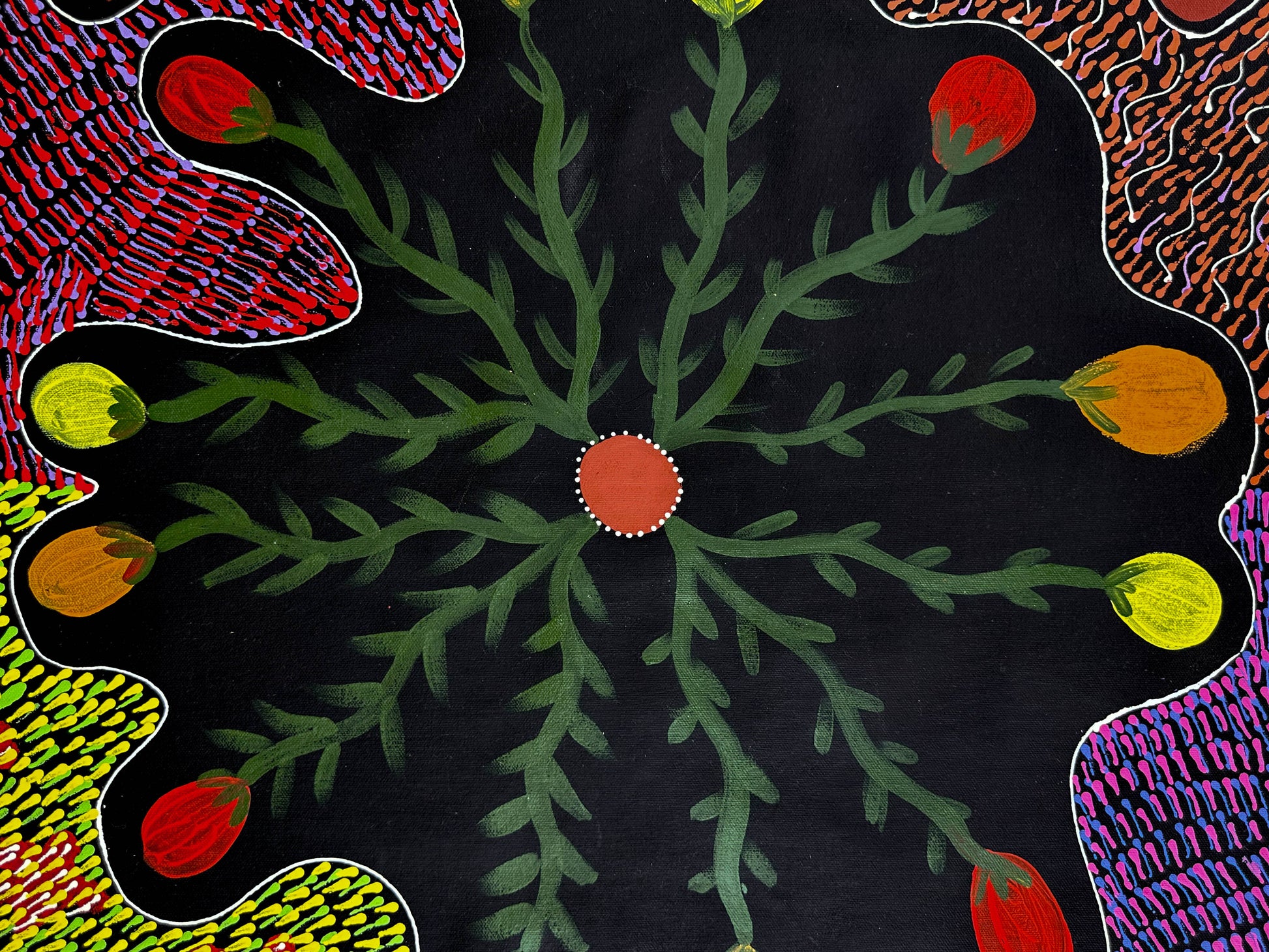 Jessie Bird Nangala Ngale + Utopia + Colourful art + Traditional art + Aboriginal art + Indigenous Art + Bush Tucker + Bush Food + Darwin Based Gallery + Iconography + Symbolism + Dreaming + Darwin Based Gallery