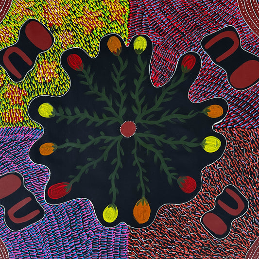 Jessie Bird Nangala Ngale + Utopia + Colourful art + Traditional art + Aboriginal art + Indigenous Art + Bush Tucker + Bush Food + Darwin Based Gallery + Iconography + Symbolism + Dreaming + Darwin Based Gallery