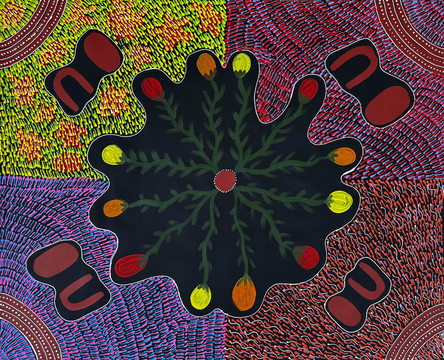Jessie Bird Nangala Ngale + Utopia + Colourful art + Traditional art + Aboriginal art + Indigenous Art + Bush Tucker + Bush Food + Darwin Based Gallery + Iconography + Symbolism + Dreaming + Darwin Based Gallery