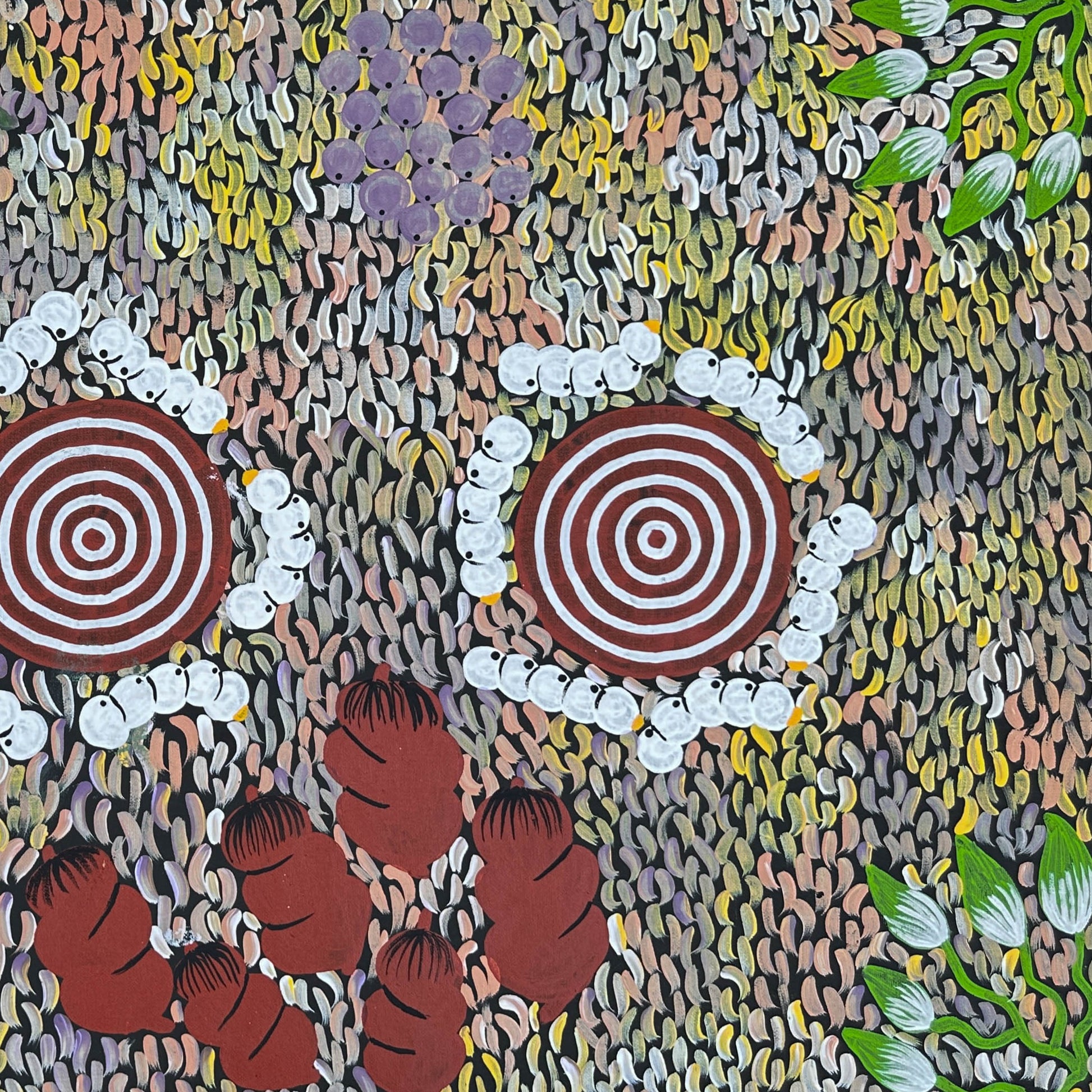 Julie Napaltjarri Dempsey + Papunya  + indigenous art + Aboriginal art + australian art + bush tucker + bush foods + altyerre aboriginal art + art for sale + painting for sale + darwin based art gallery +