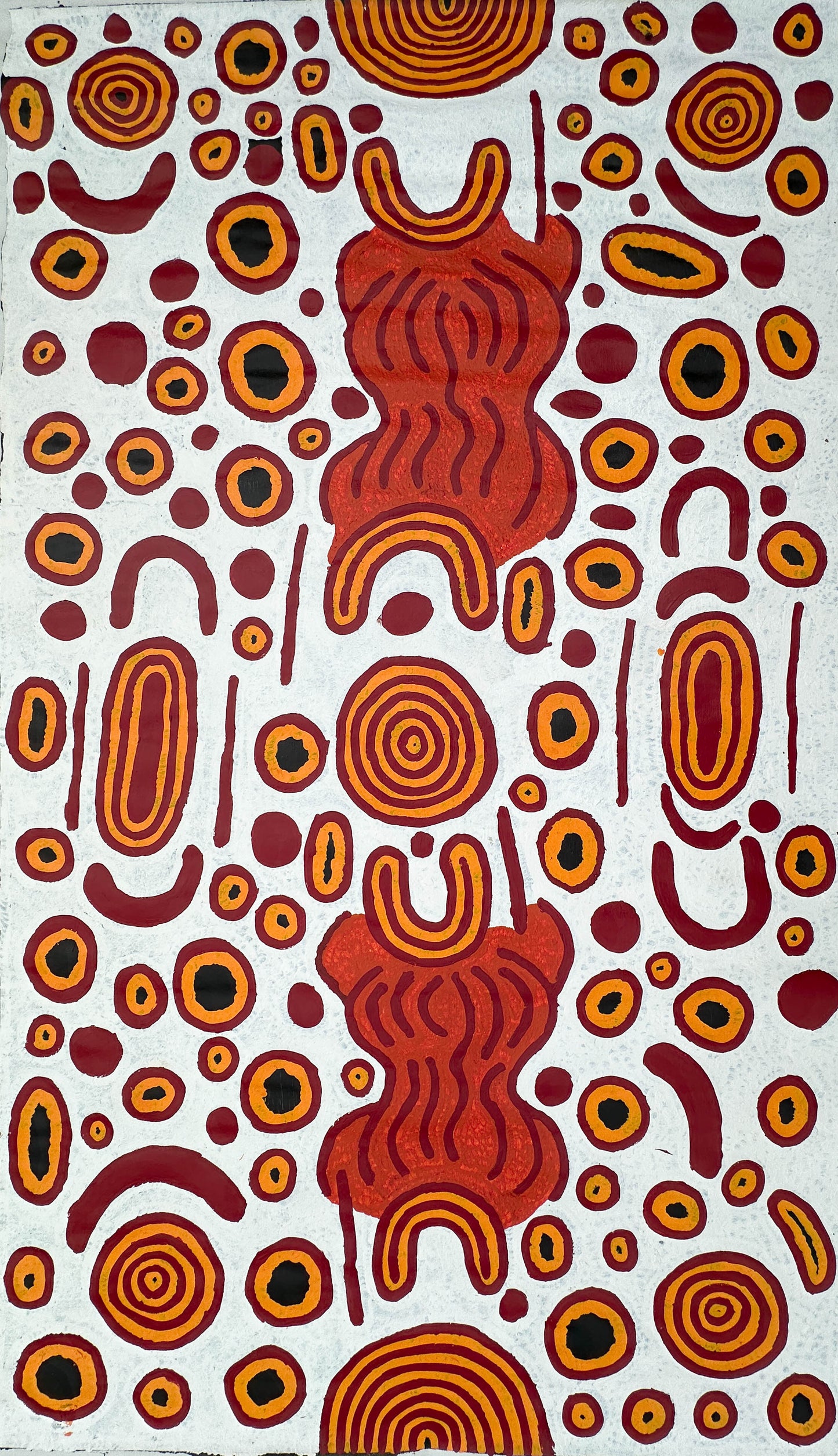 Jennifer Nginana Mitchell, Jennifer Nginyaka Mitchell, western desert art, aboriginal art, indigenous art, art, art for sale, painting for sale, interior design, interior décor, art gallery, art story, iconography, topography, constellation, Pleiades, orion, Darwin, Darwin gallery, Darwin northern territory, art work, wall art, symbolism, altyerre aboriginal art, original art, ethical art, direct from the artist, aerial perspective, Australian art,