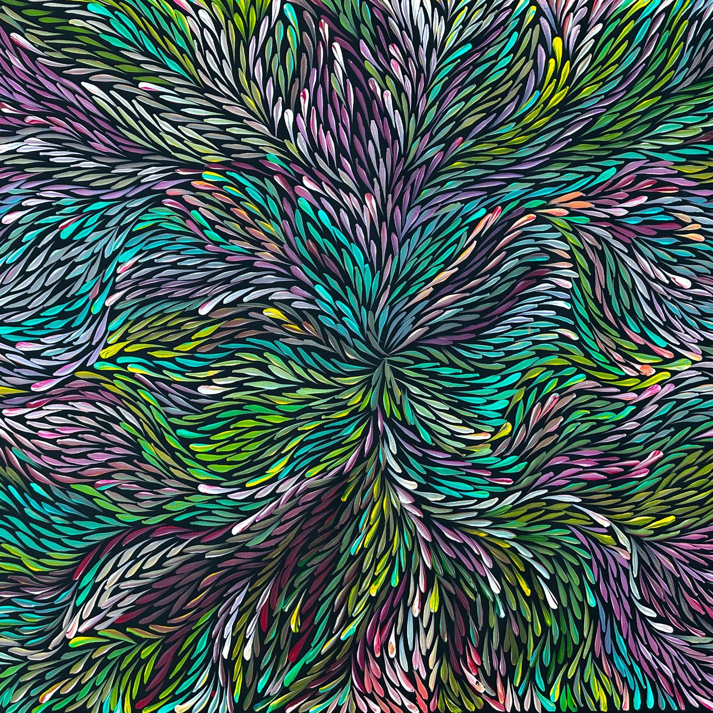 Jeannie Pitjara Petyarre Bush Medicine Leaves Contemporary Art Indigenous Art Aboriginal Art Australian Art Blue Purple Yellow Colour Utopia