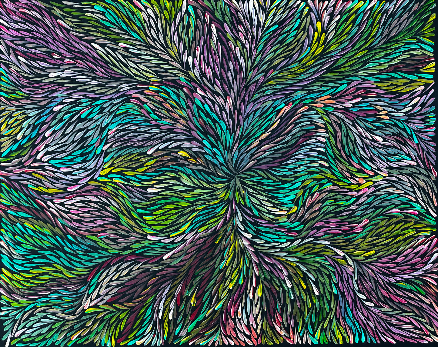 Jeannie Pitjara Petyarre Bush Medicine Leaves Contemporary Art Indigenous Art Aboriginal Art Australian Art Blue Purple Yellow Colour Utopia
