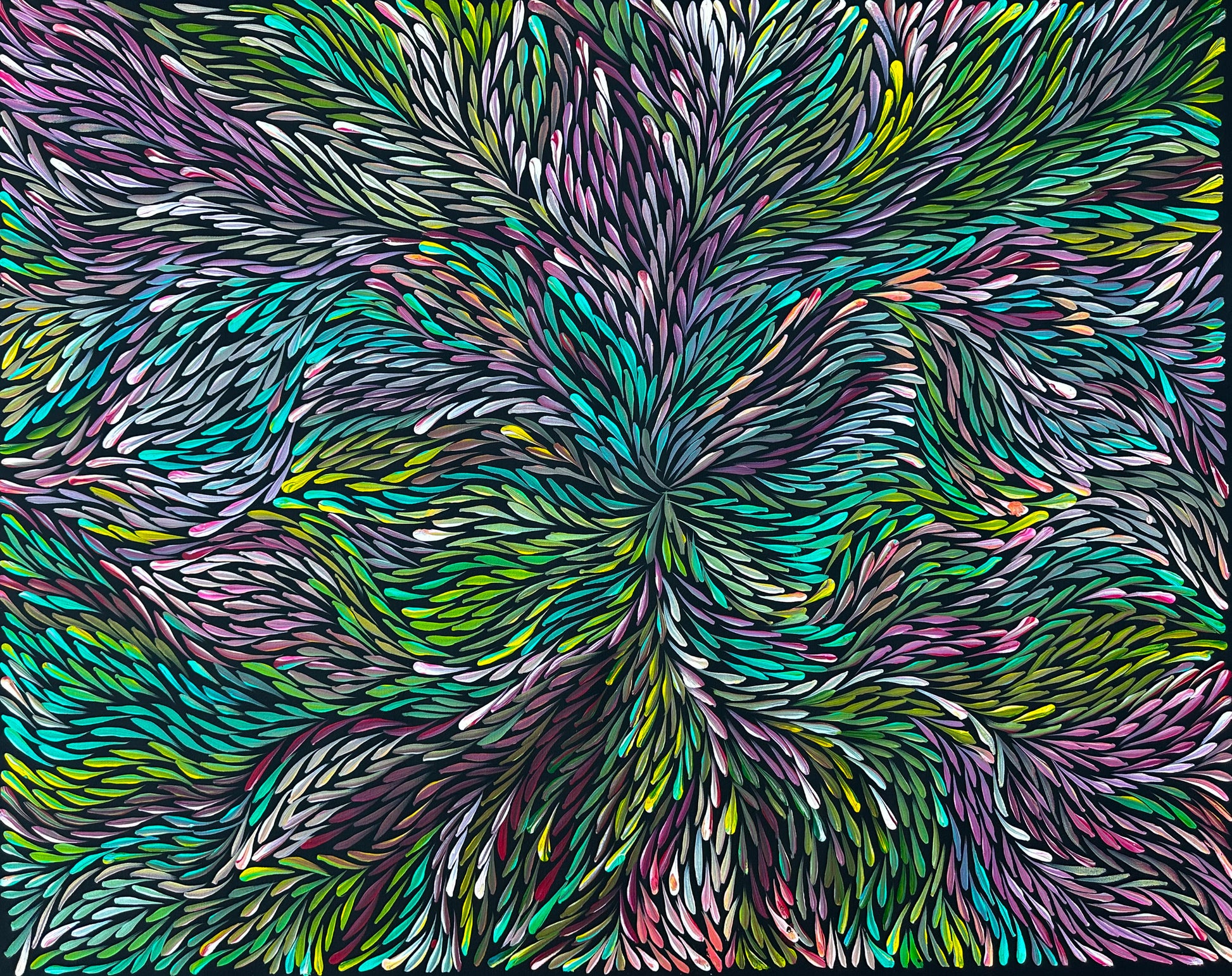 Jeannie Pitjara Petyarre Bush Medicine Leaves Contemporary Art Indigenous Art Aboriginal Art Australian Art Blue Purple Yellow Colour Utopia